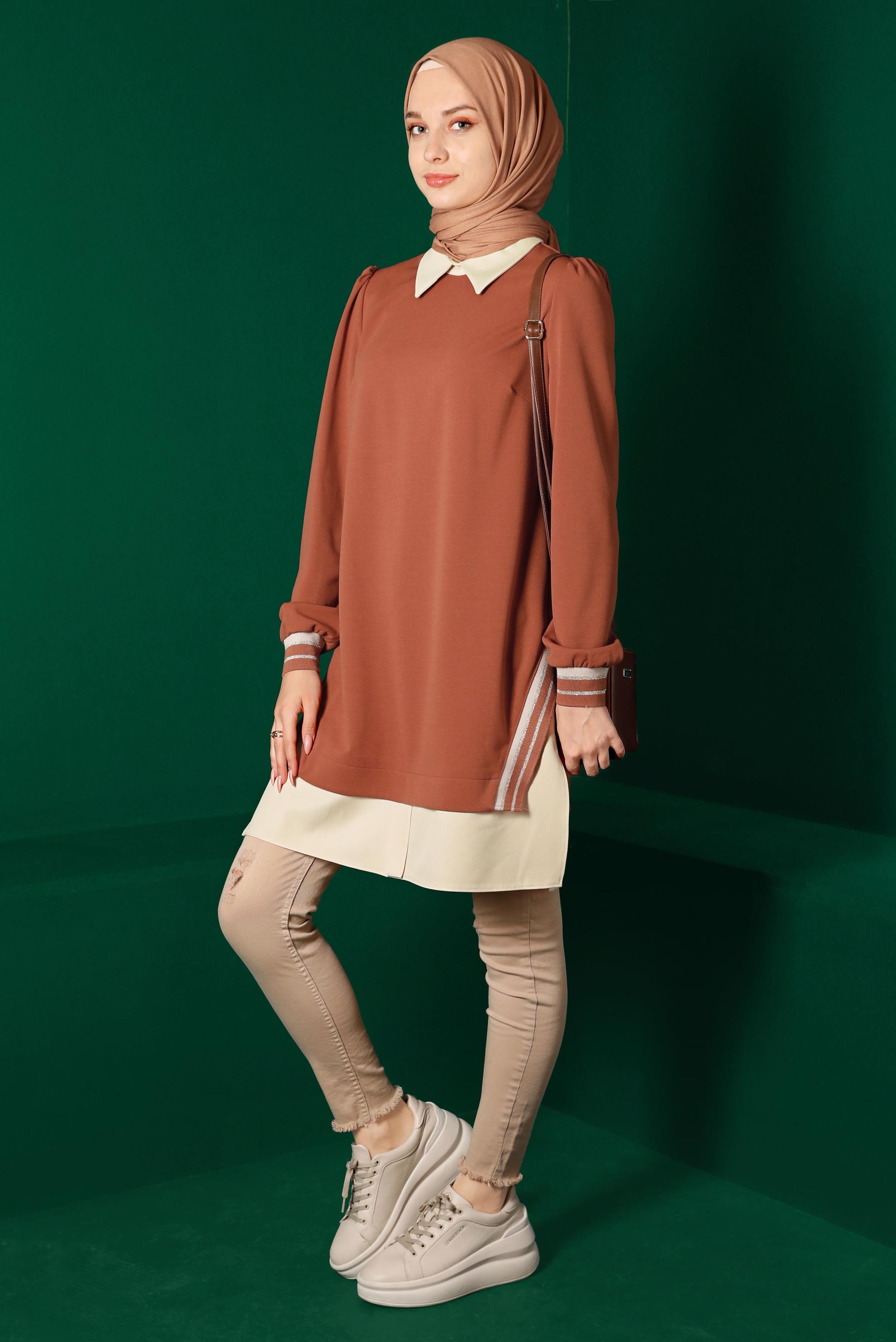 Tesettür giyim TABA GÖMLEK PARÇA DETAYLI RİBANALI TUNİK 43264 