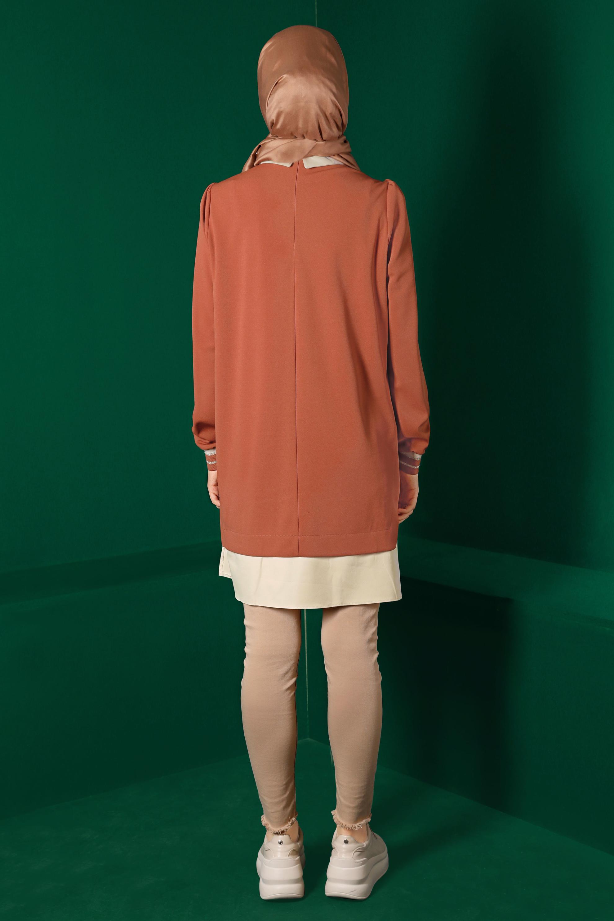 Tesettür giyim TABA GÖMLEK PARÇA DETAYLI RİBANALI TUNİK 43264 