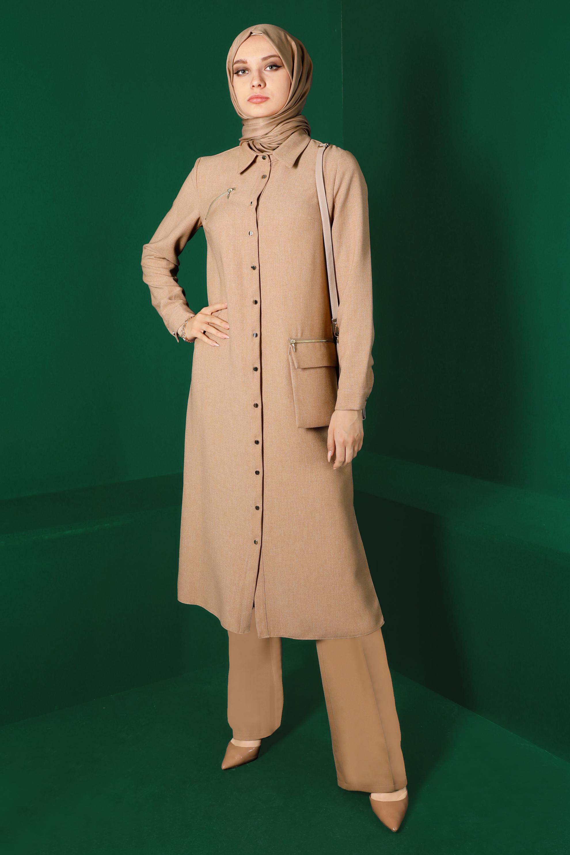 Tesettür giyim KAHVE DÜĞMELİ CEPLİ TUNİK 43265 