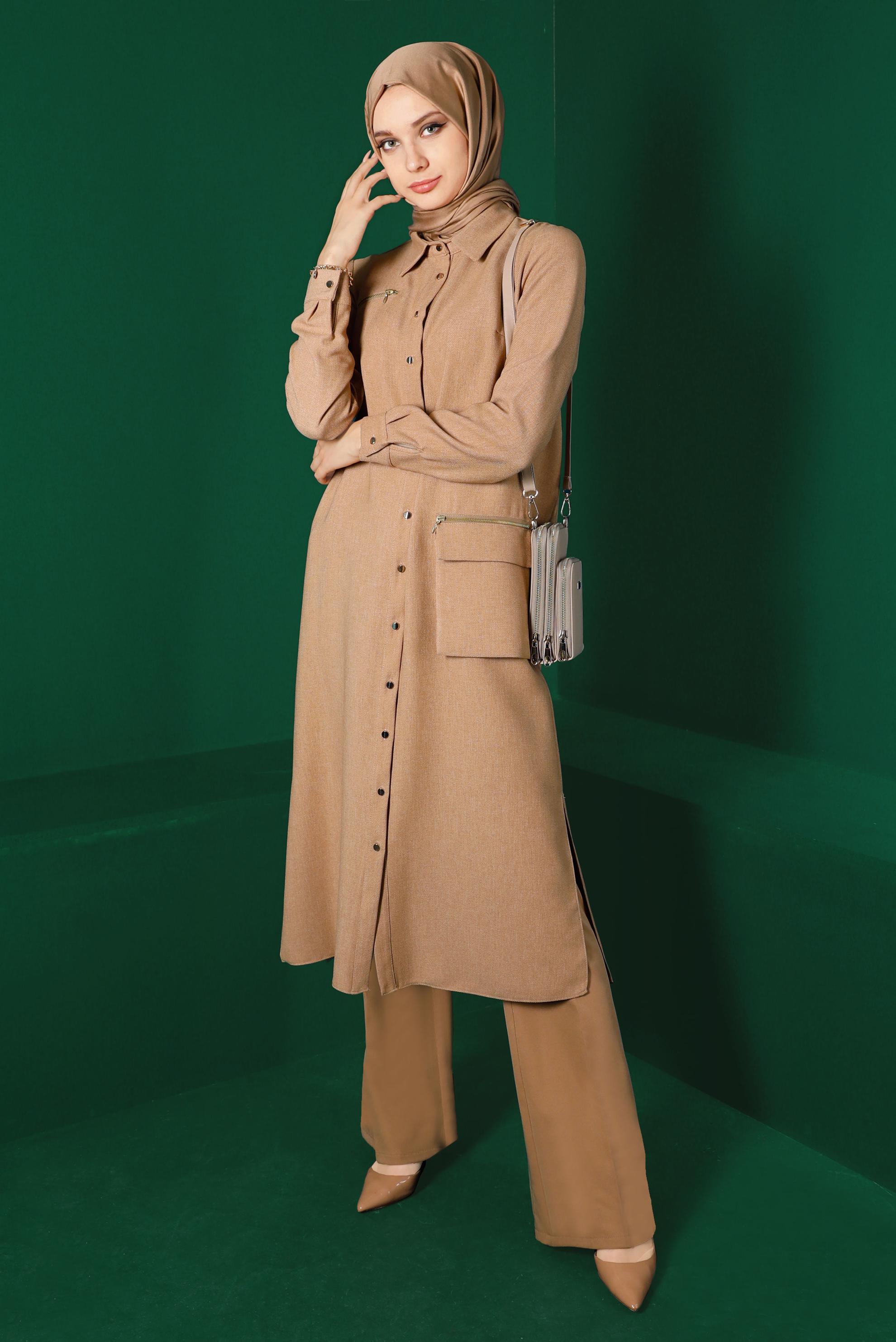 Tesettür giyim KAHVE DÜĞMELİ CEPLİ TUNİK 43265 