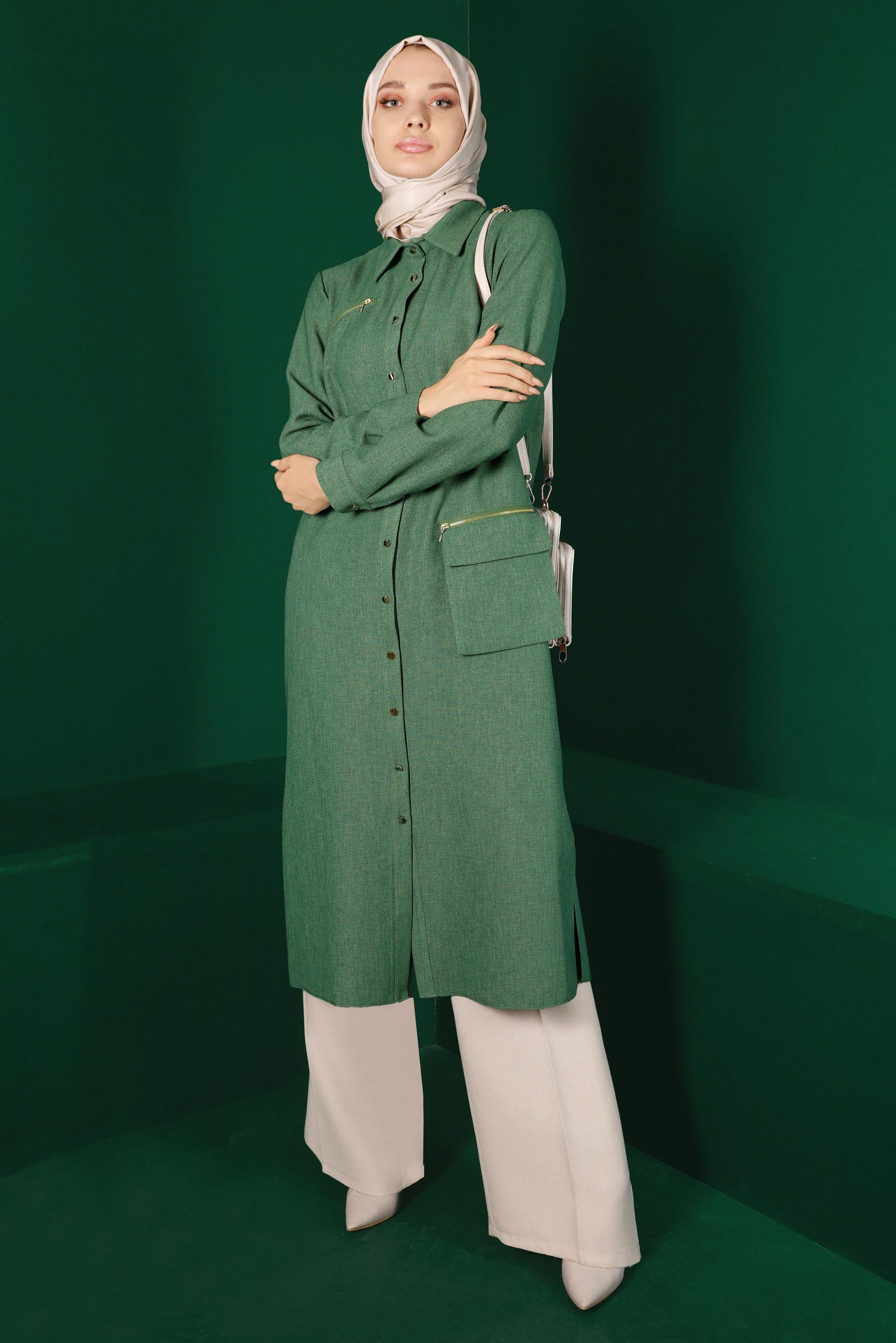 Tesettür giyim HAKİ DÜĞMELİ CEPLİ TUNİK 43265 