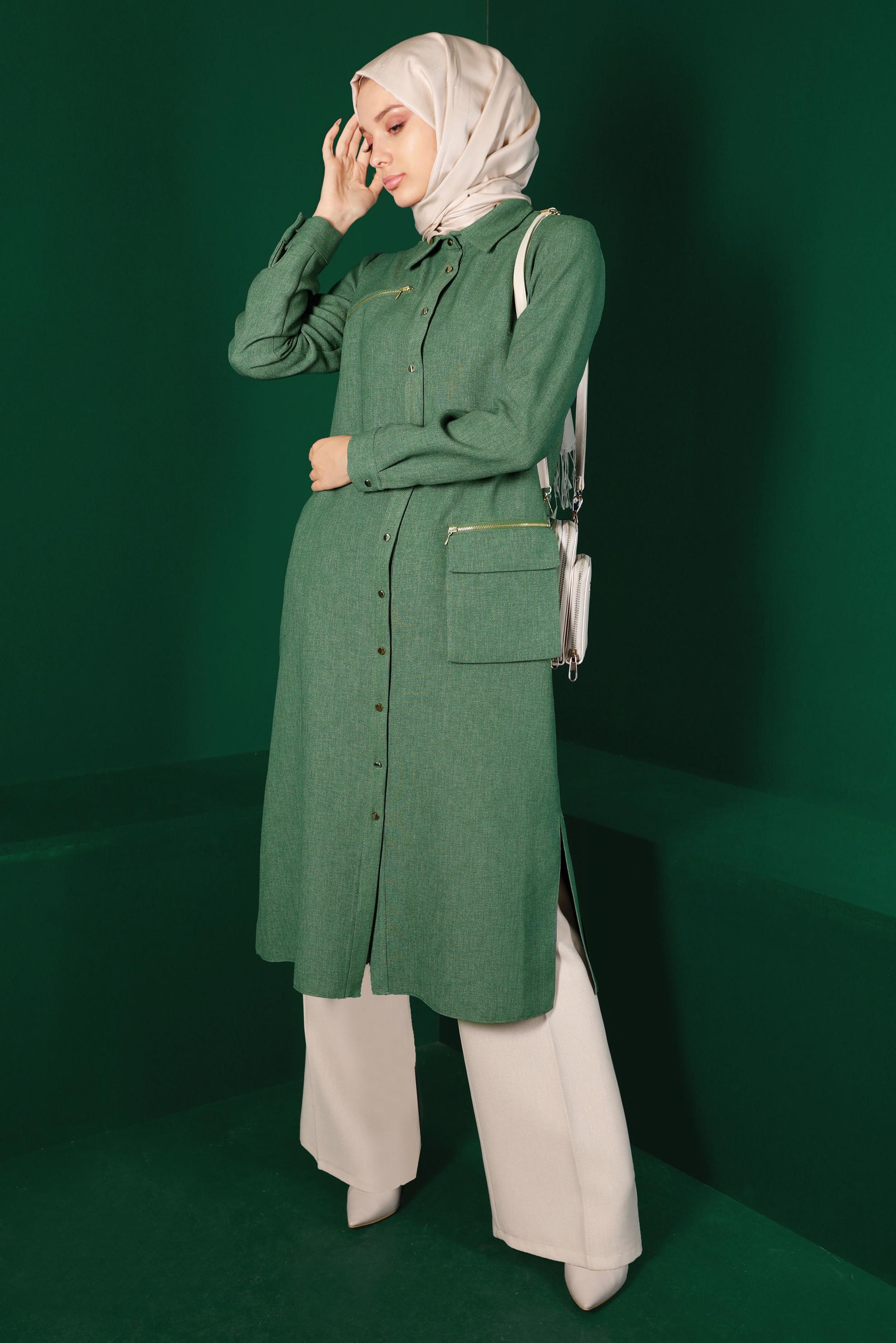 Tesettür giyim HAKİ DÜĞMELİ CEPLİ TUNİK 43265 