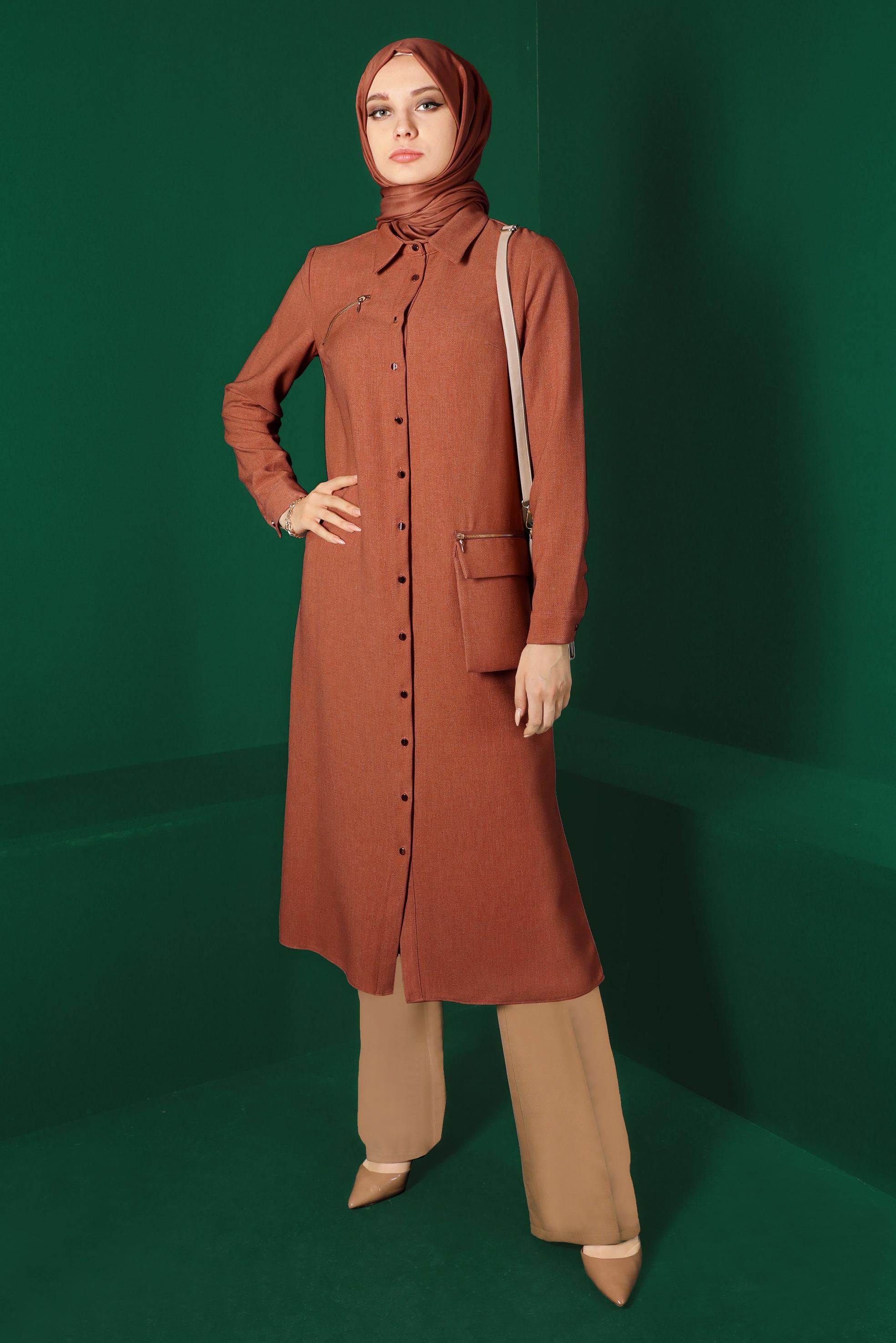 Tesettür giyim TURUNCU DÜĞMELİ CEPLİ TUNİK 43265 