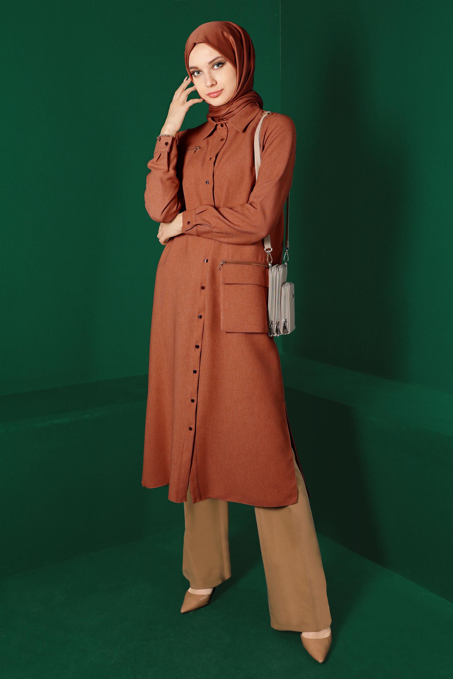 Tesettür giyim TURUNCU DÜĞMELİ CEPLİ TUNİK 43265 