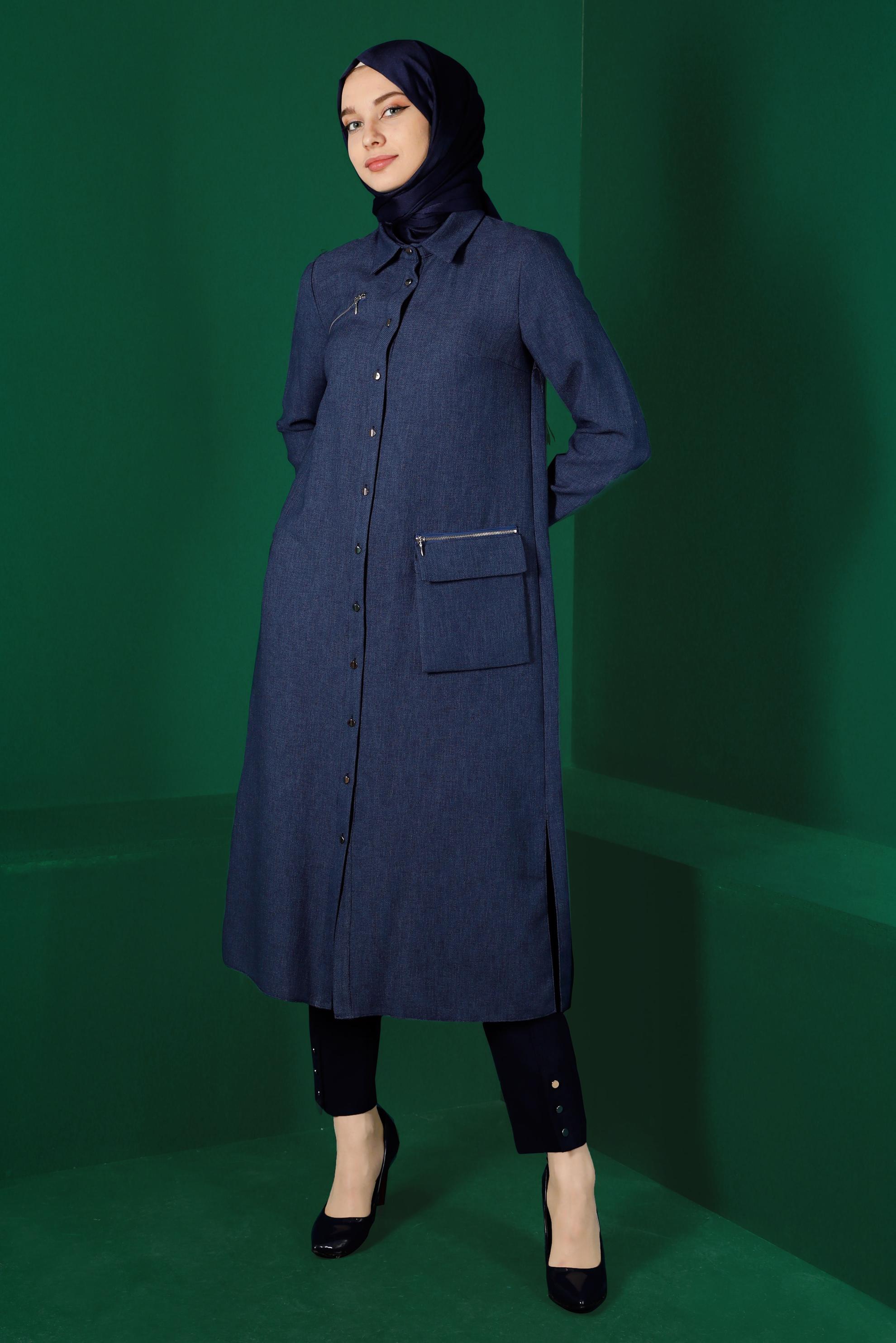 Tesettür giyim LACİVERT DÜĞMELİ CEPLİ TUNİK 43265 