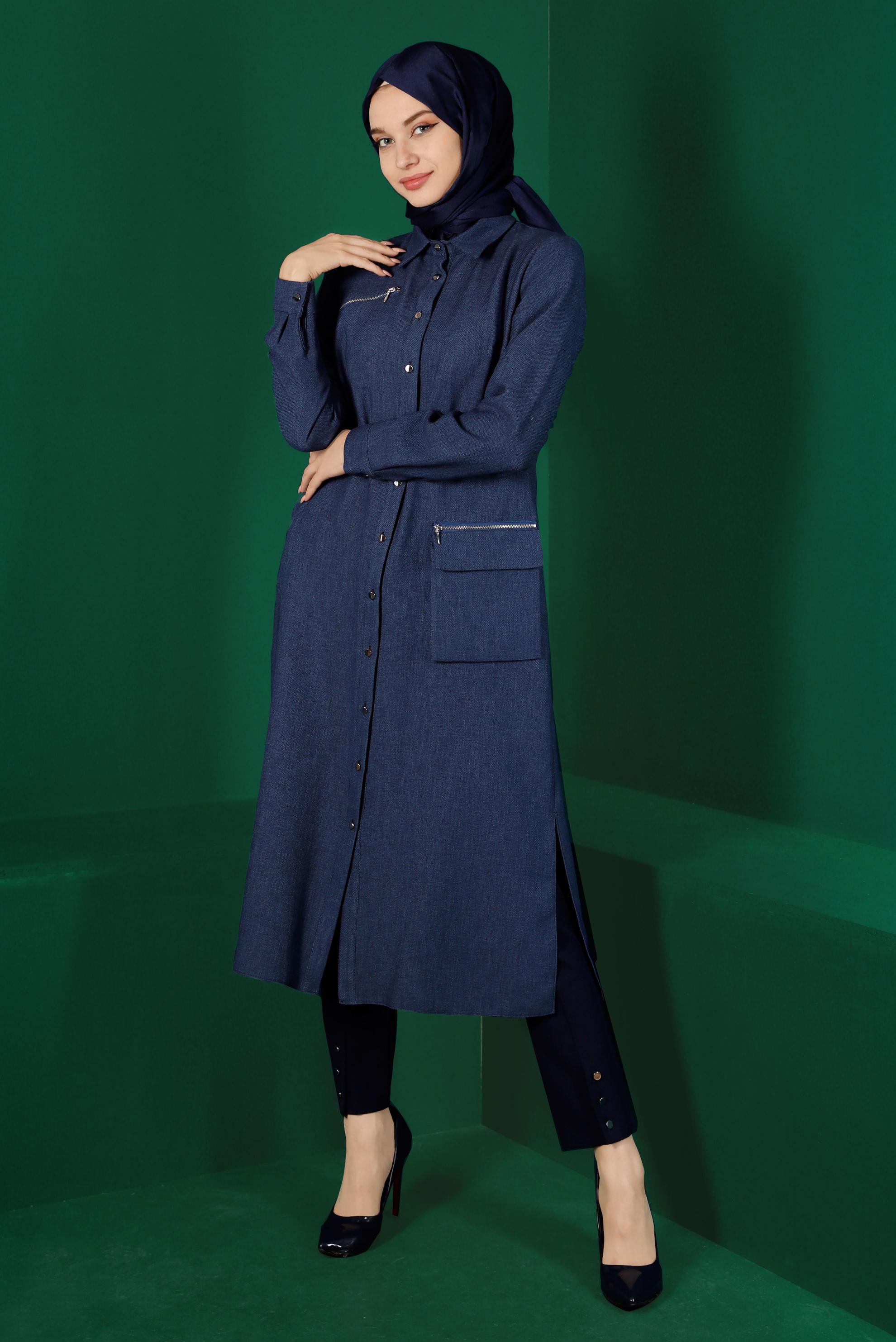 Tesettür giyim LACİVERT DÜĞMELİ CEPLİ TUNİK 43265 
