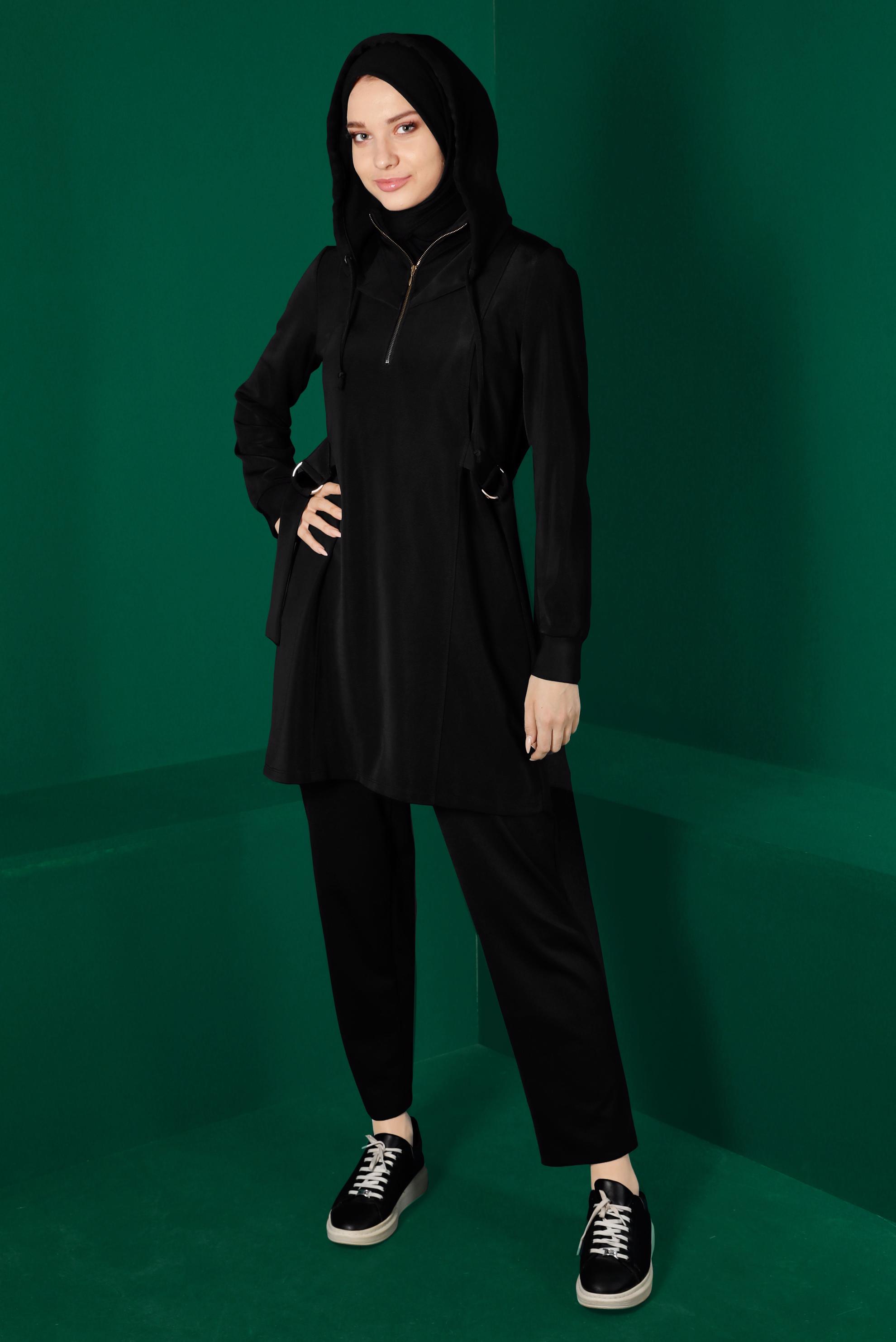 Tesettür giyim SİYAH FERMUARLI KAPÜŞONLU TUNİK 43267