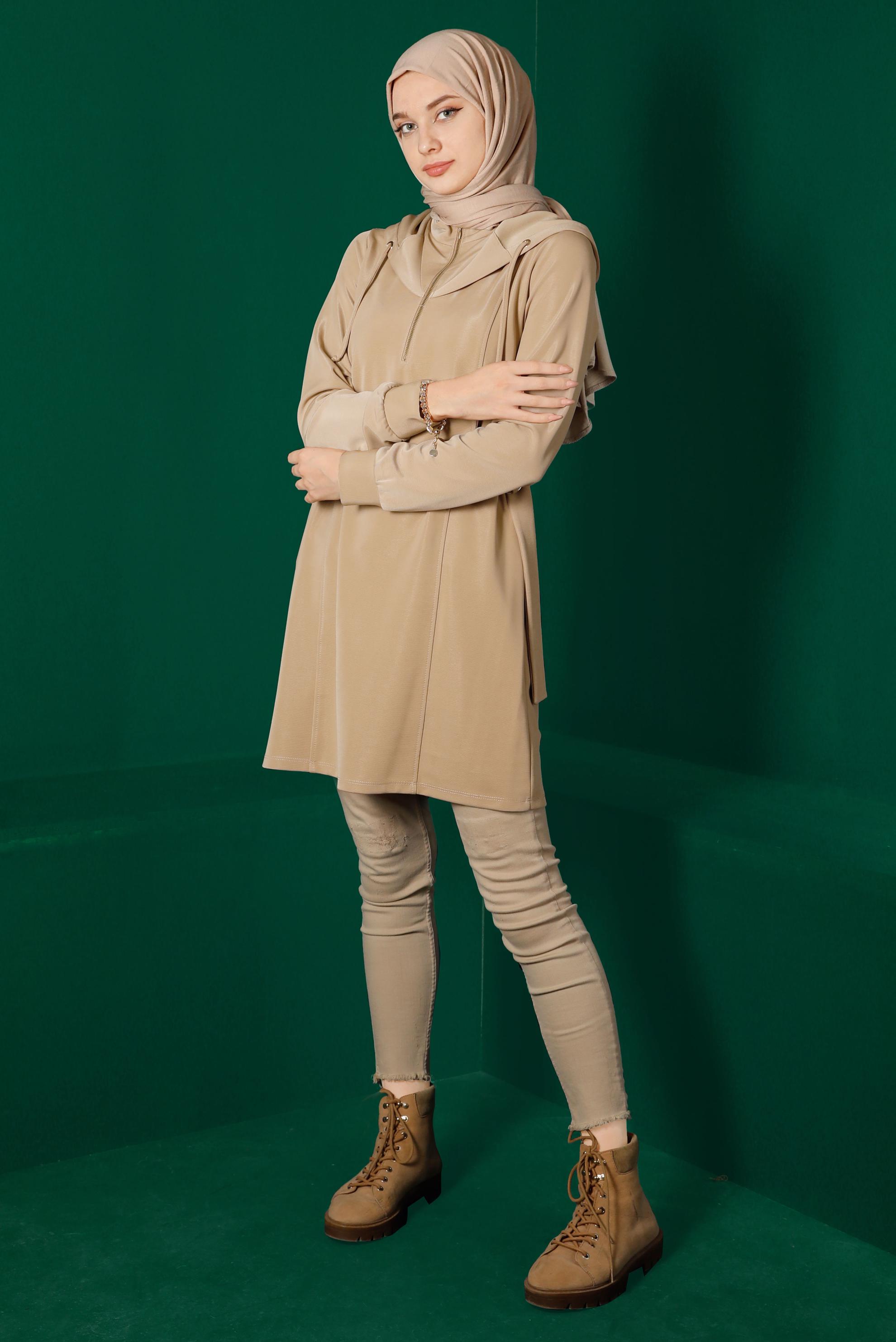 Tesettür giyim KAHVE FERMUARLI KAPÜŞONLU TUNİK 43267