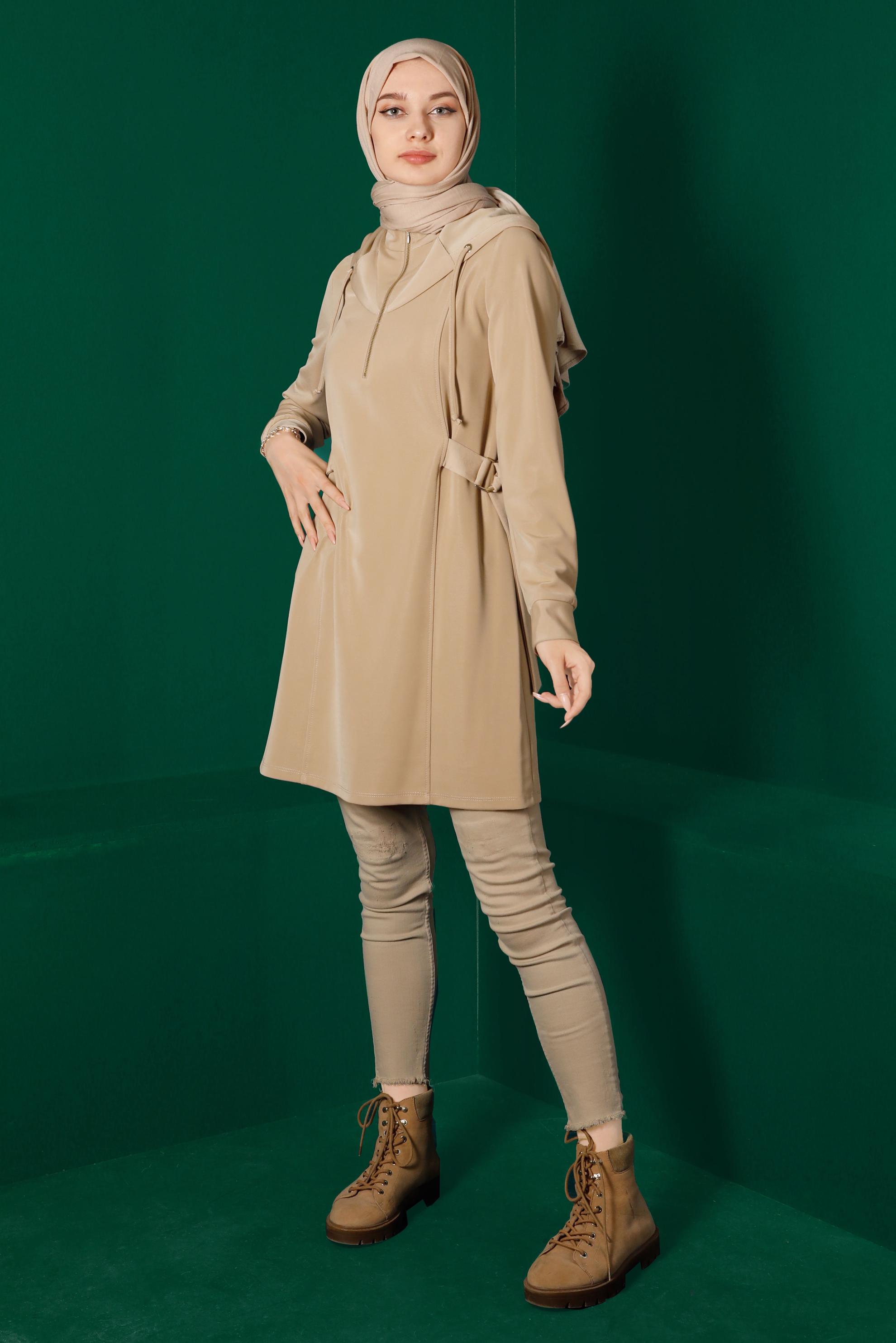 Tesettür giyim KAHVE FERMUARLI KAPÜŞONLU TUNİK 43267