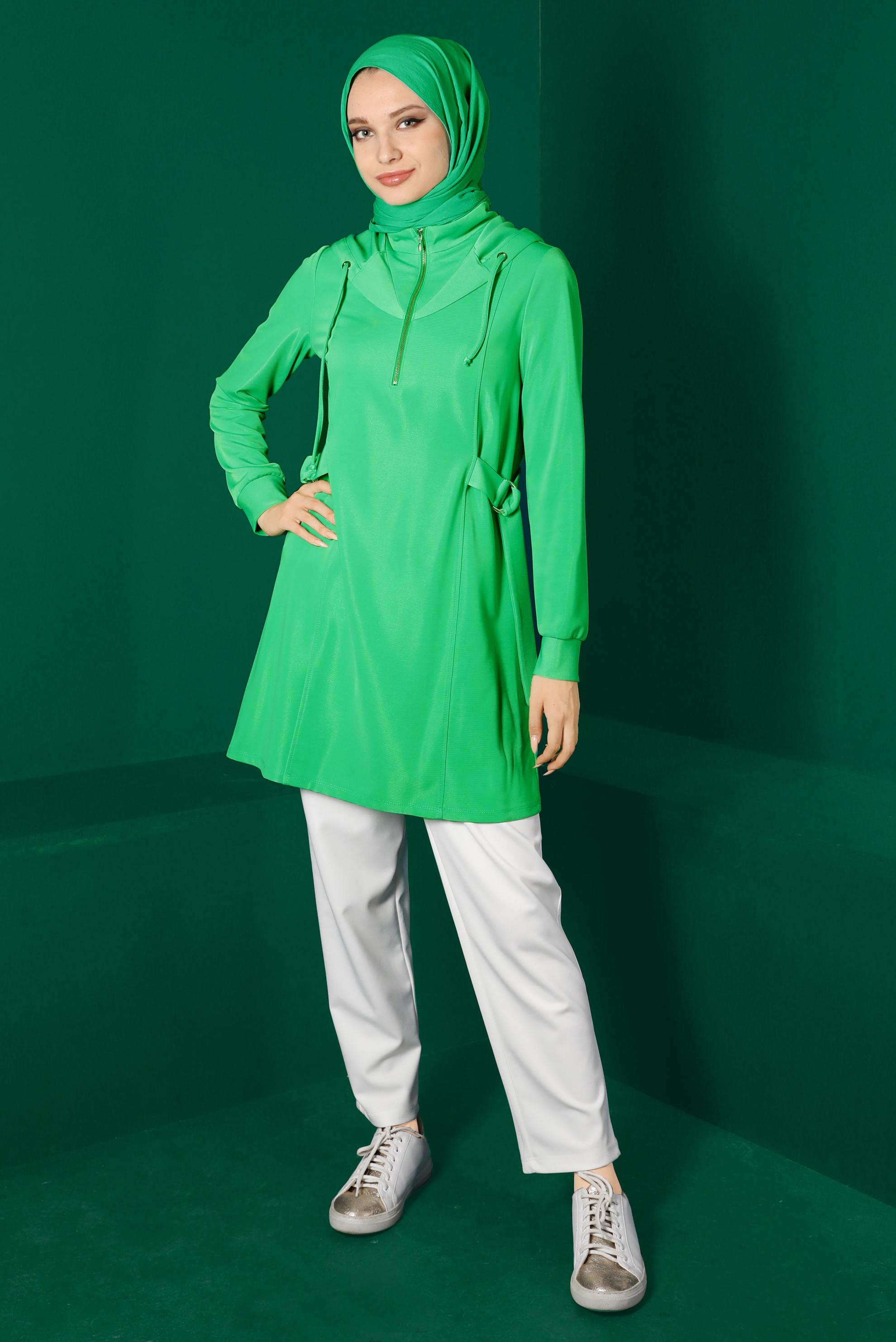 Tesettür giyim YEŞİL FERMUARLI KAPÜŞONLU TUNİK 43267