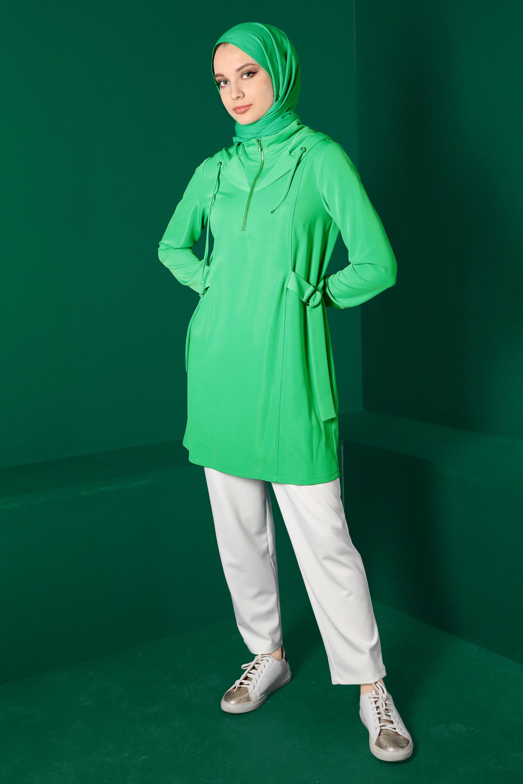 Tesettür giyim YEŞİL FERMUARLI KAPÜŞONLU TUNİK 43267