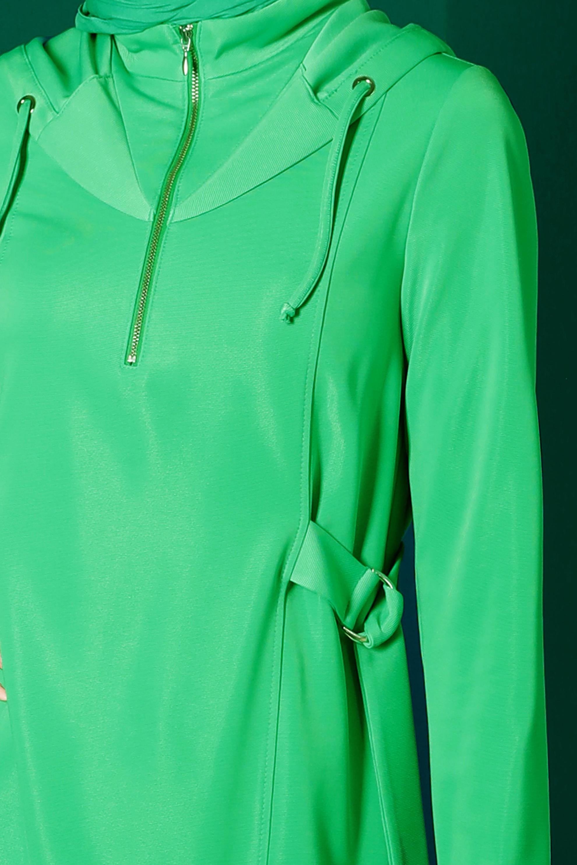 Tesettür giyim YEŞİL FERMUARLI KAPÜŞONLU TUNİK 43267
