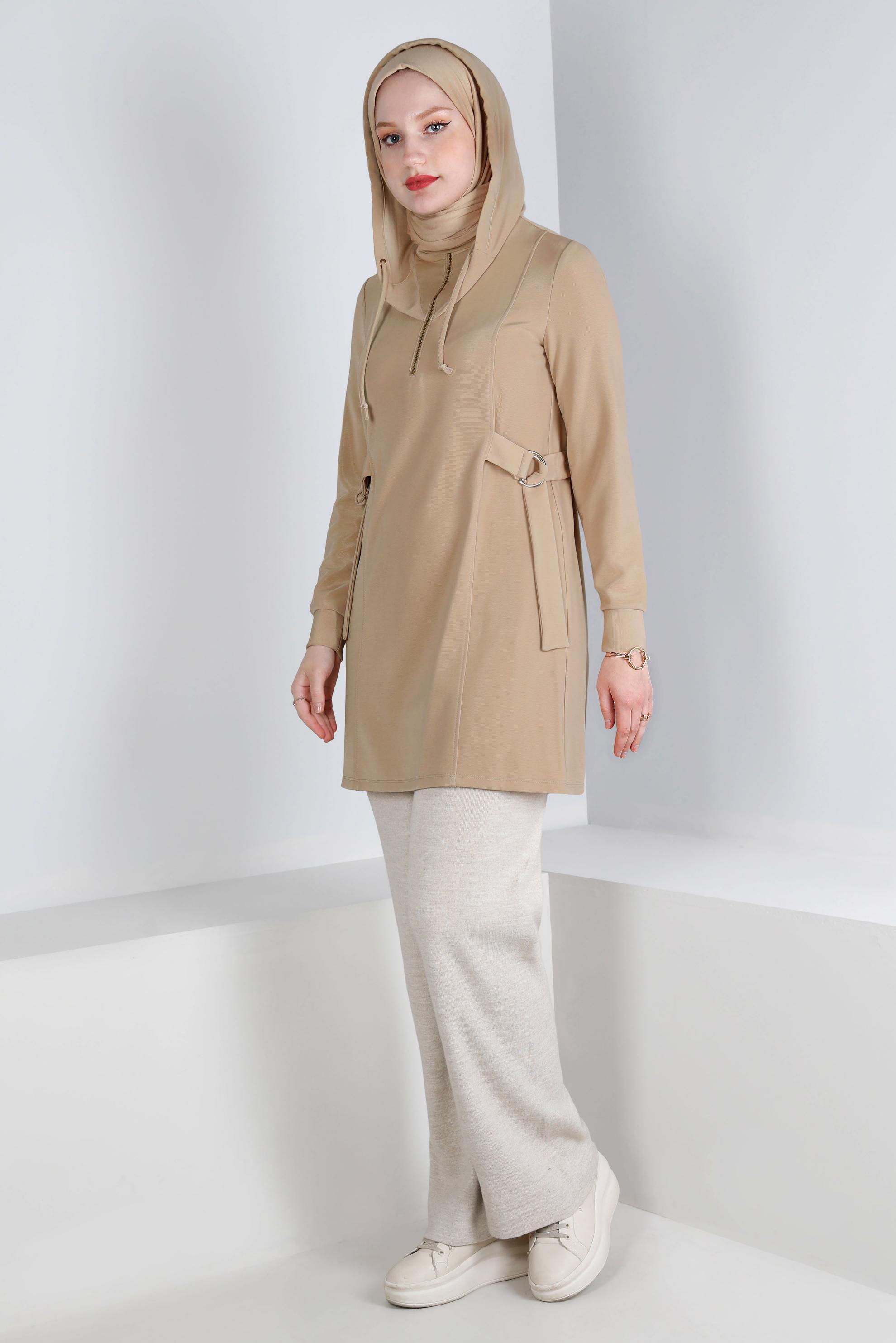 Tesettür giyim KUM FERMUARLI KAPÜŞONLU TUNİK 43267