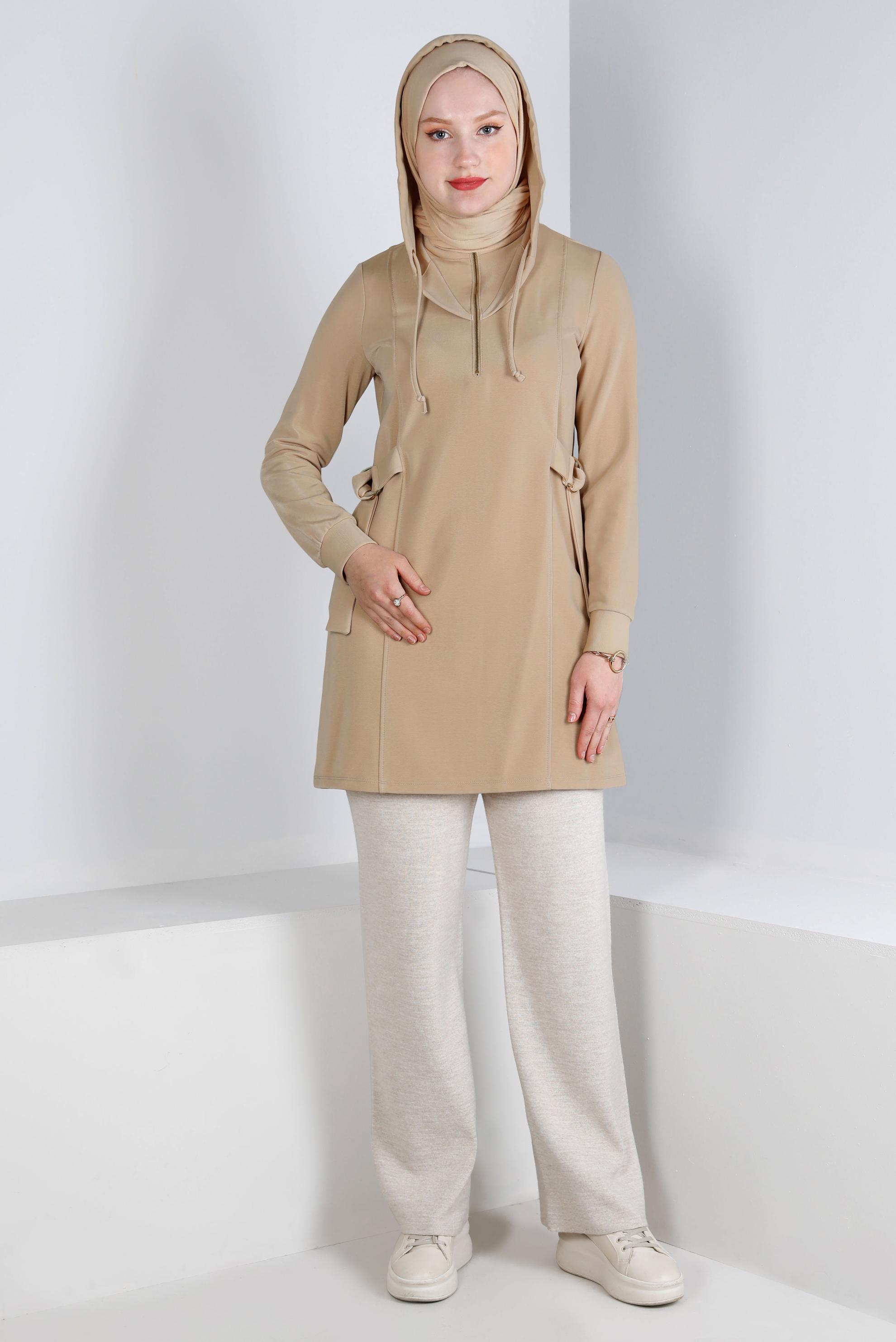 Tesettür giyim KUM FERMUARLI KAPÜŞONLU TUNİK 43267