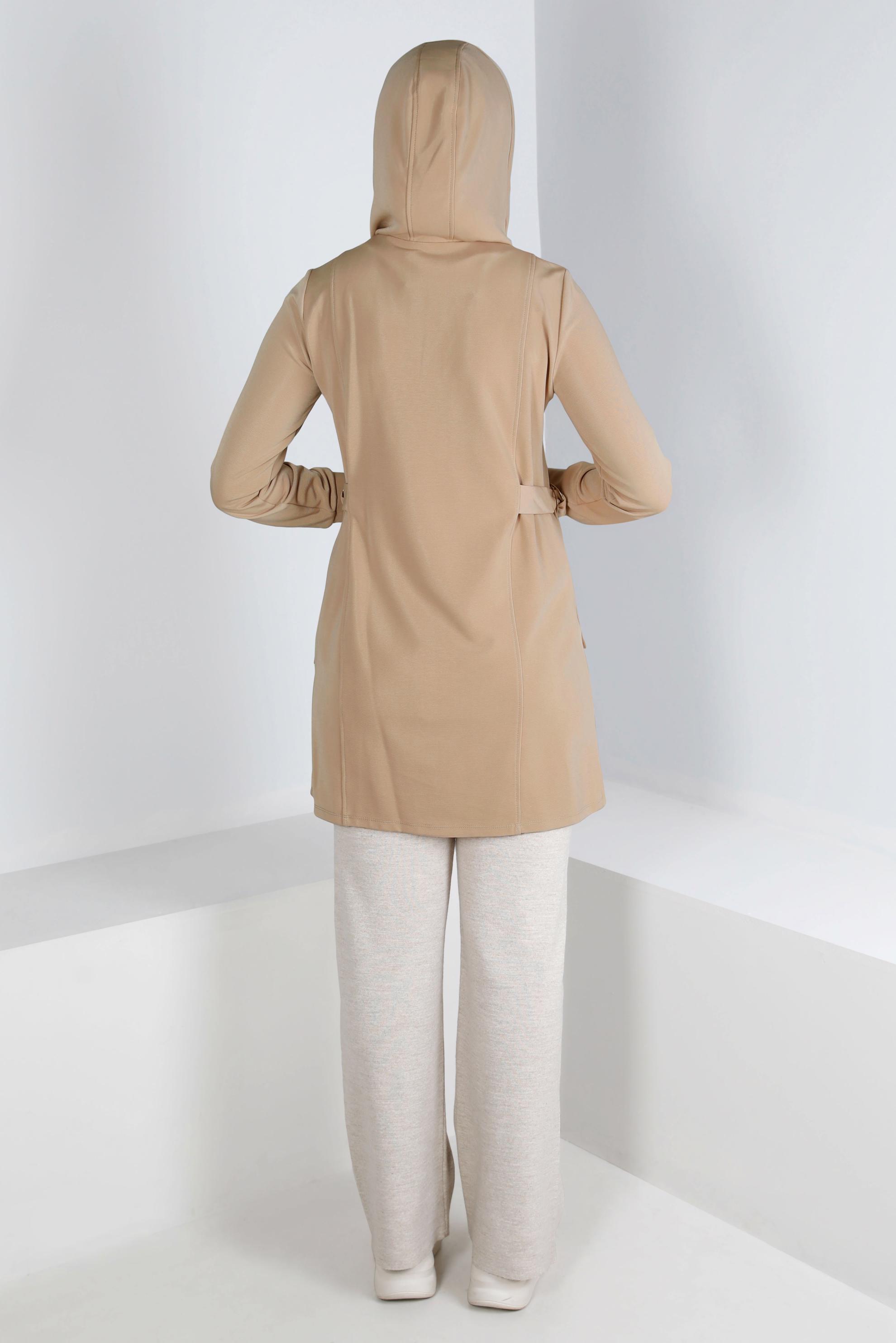 Tesettür giyim KUM FERMUARLI KAPÜŞONLU TUNİK 43267