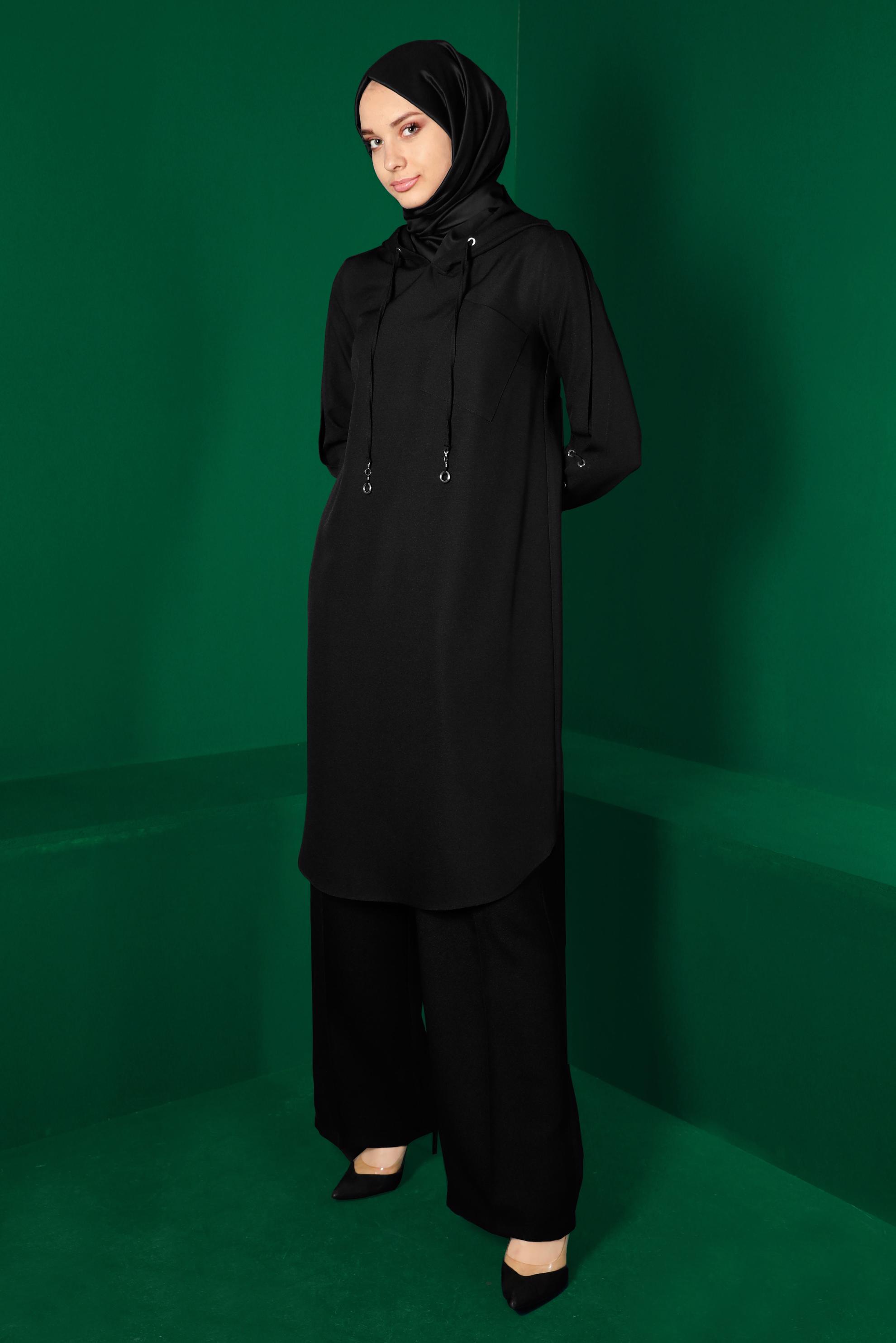 Tesettür giyim SİYAH KUŞGÖZÜ DETAYLI KAPÜŞONLU TUNİK 43269