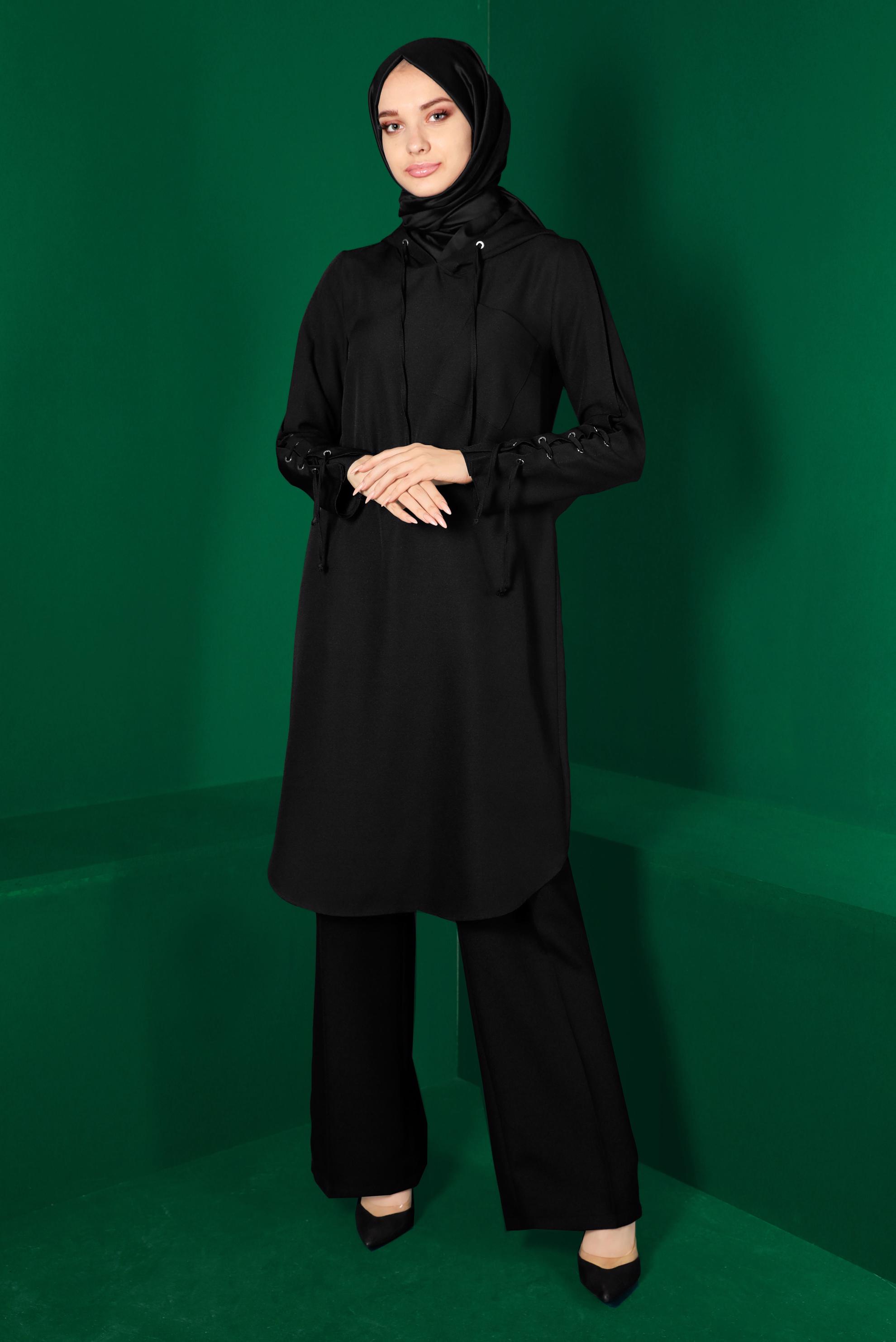 Tesettür giyim SİYAH KUŞGÖZÜ DETAYLI KAPÜŞONLU TUNİK 43269