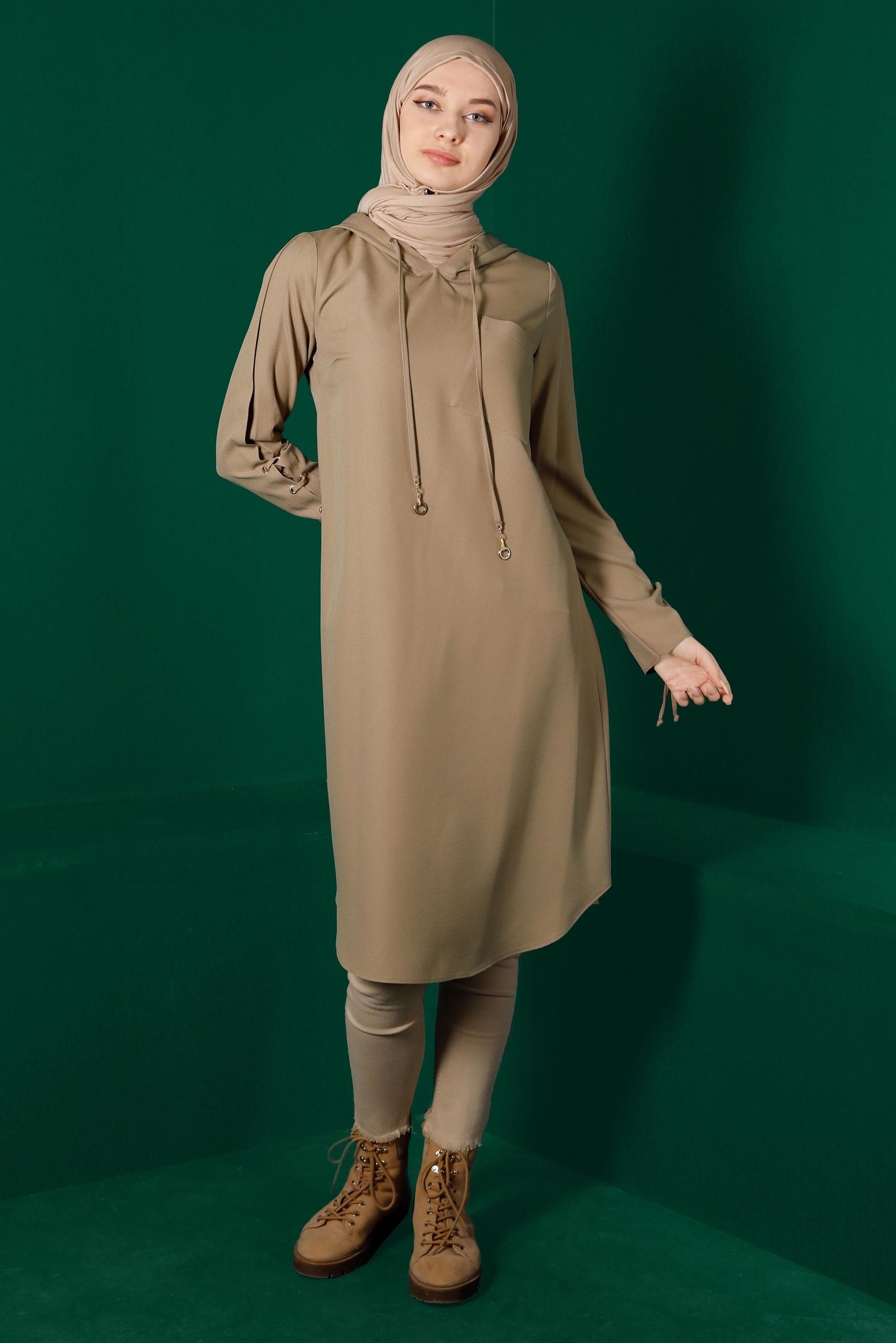 Tesettür giyim KAHVE KUŞGÖZÜ DETAYLI KAPÜŞONLU TUNİK 43269