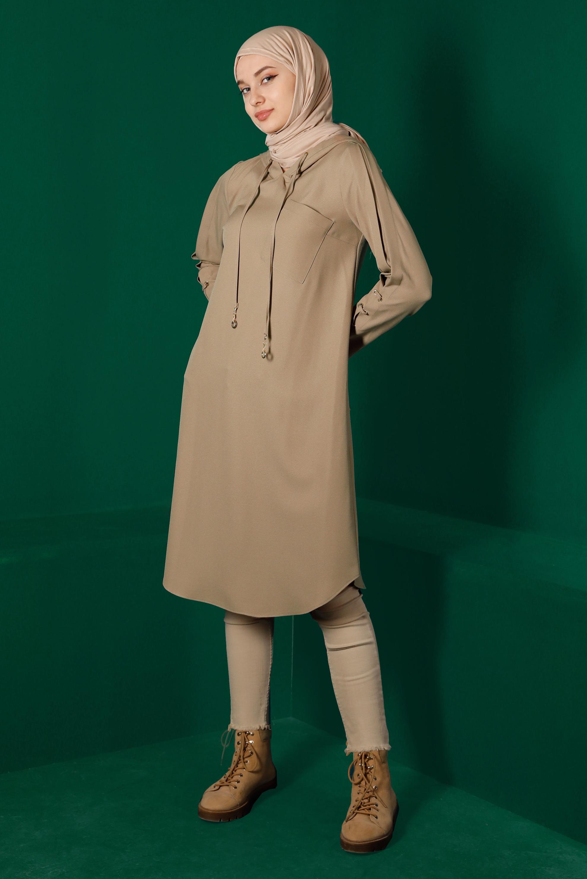 Tesettür giyim KAHVE KUŞGÖZÜ DETAYLI KAPÜŞONLU TUNİK 43269