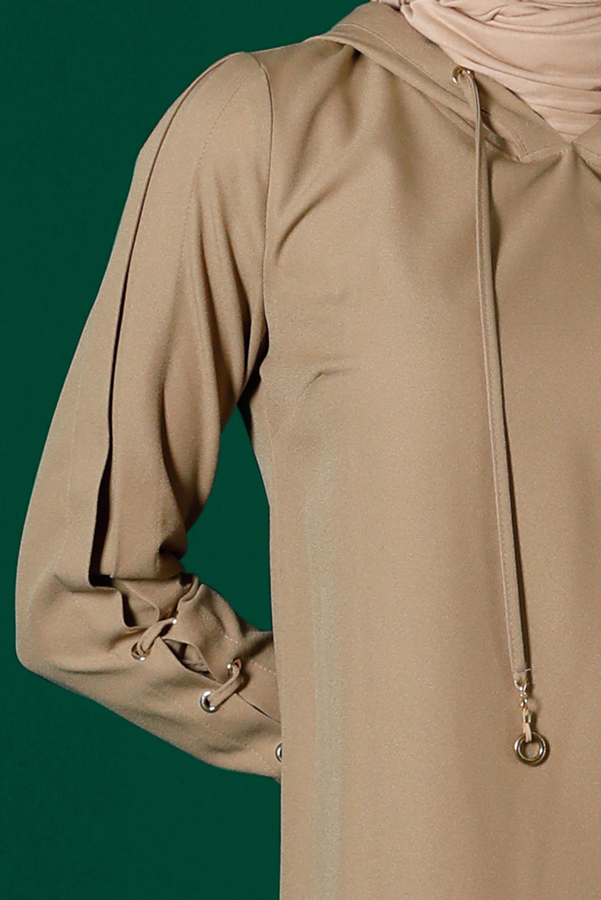 Tesettür giyim KAHVE KUŞGÖZÜ DETAYLI KAPÜŞONLU TUNİK 43269