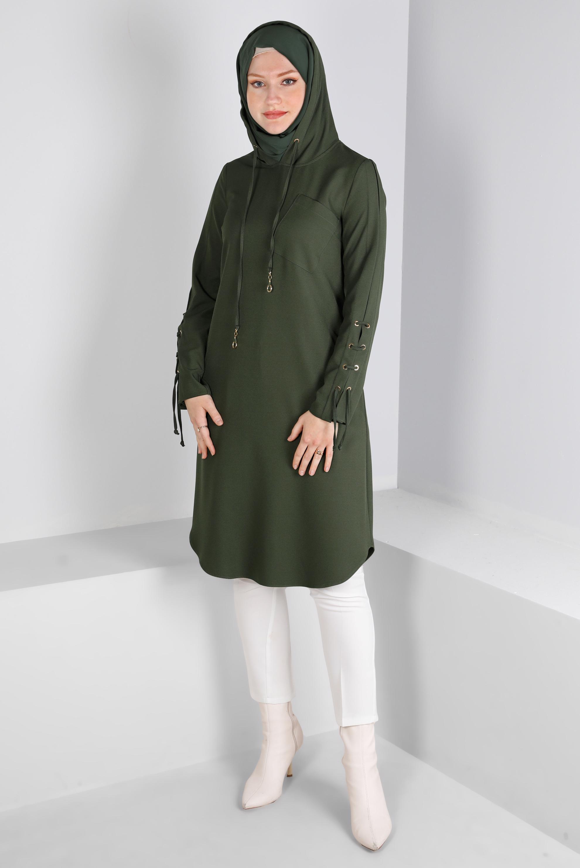 Vêtements hijab KAKI TUNIQUE À CAPUCHE DÉTAIL ŒILLET 43269