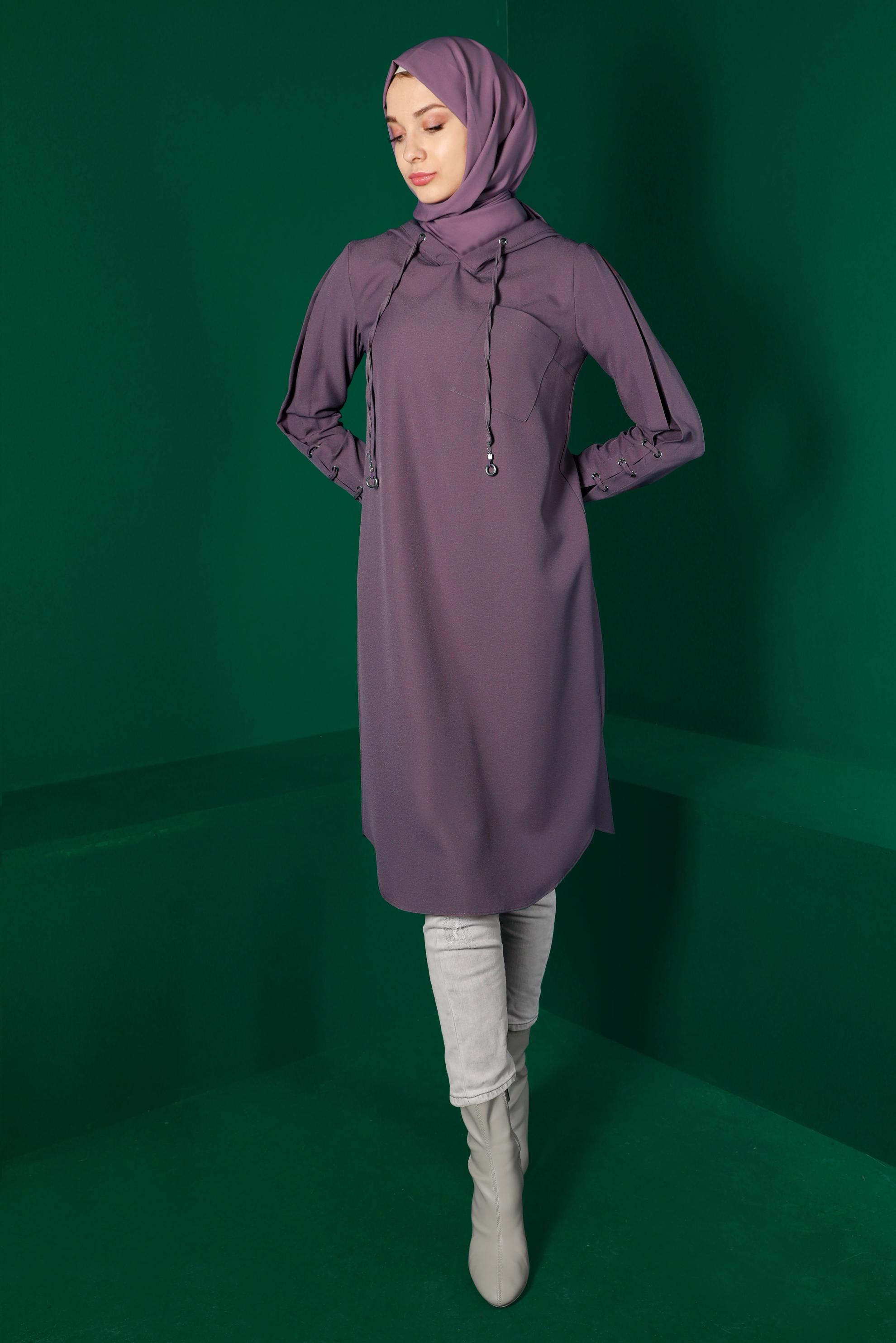 Tesettür giyim MOR KUŞGÖZÜ DETAYLI KAPÜŞONLU TUNİK 43269