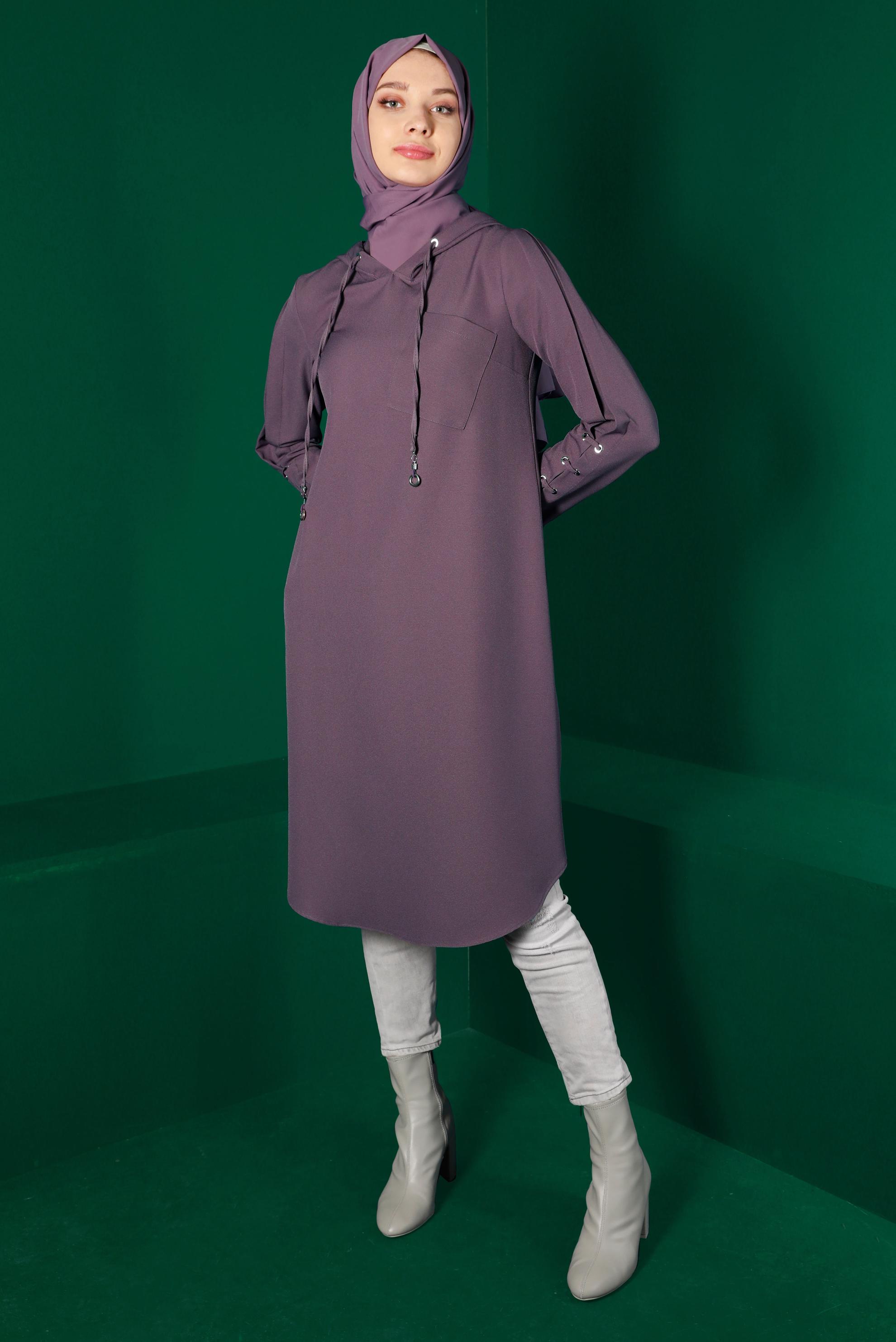 Tesettür giyim MOR KUŞGÖZÜ DETAYLI KAPÜŞONLU TUNİK 43269