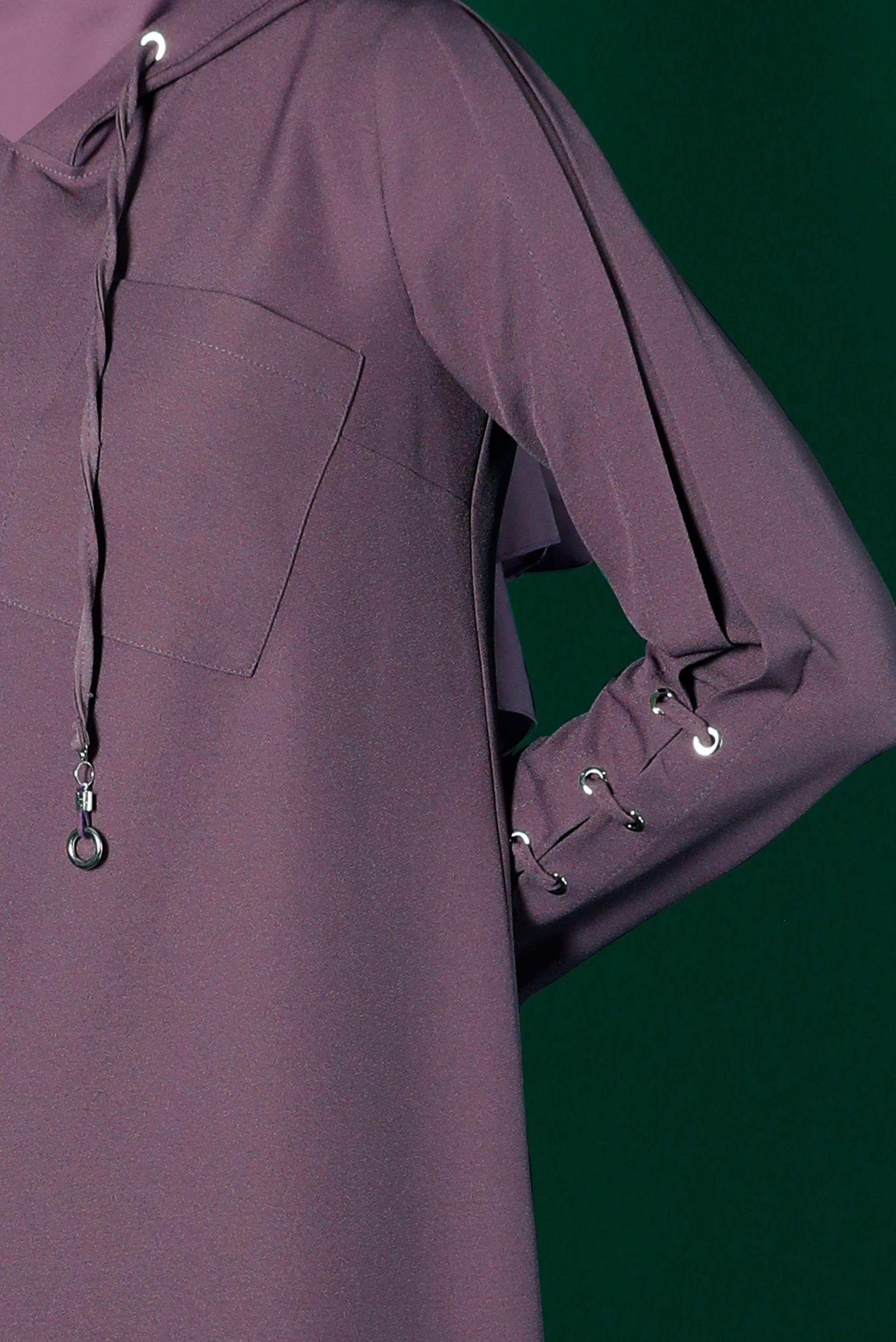 Tesettür giyim MOR KUŞGÖZÜ DETAYLI KAPÜŞONLU TUNİK 43269