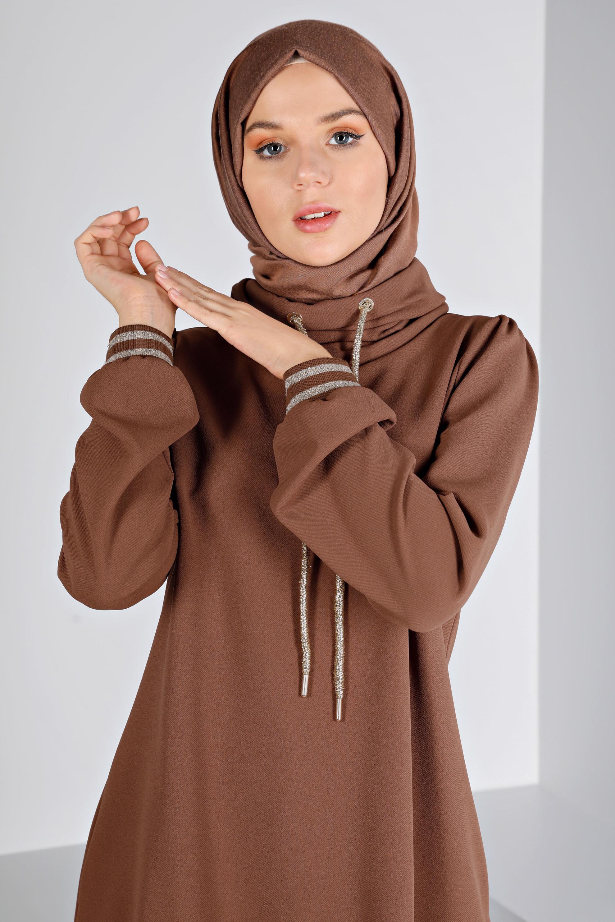 Tesettür giyim KAHVE RİBANALI TUNİK 43270 