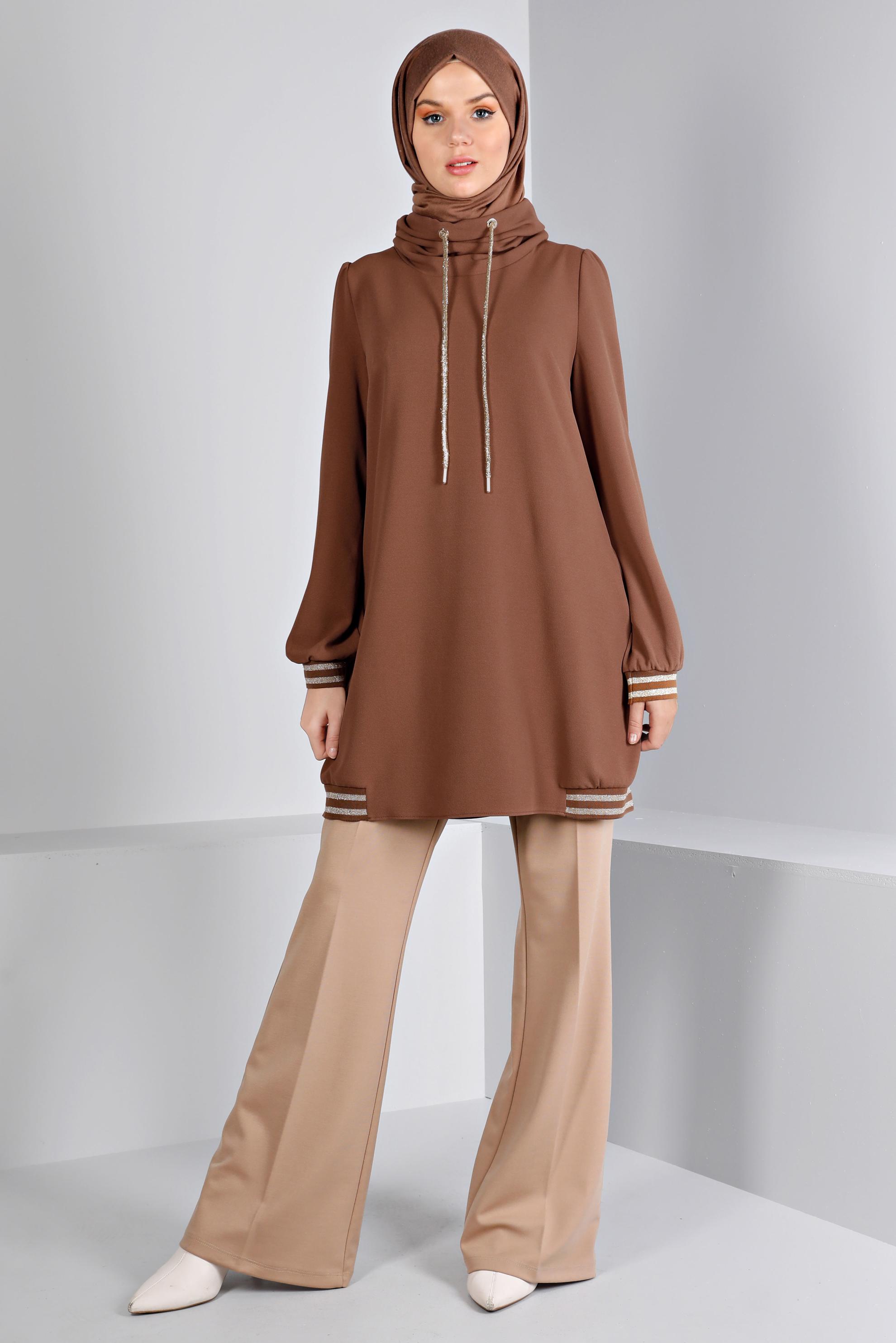 Tesettür giyim KAHVE RİBANALI TUNİK 43270 