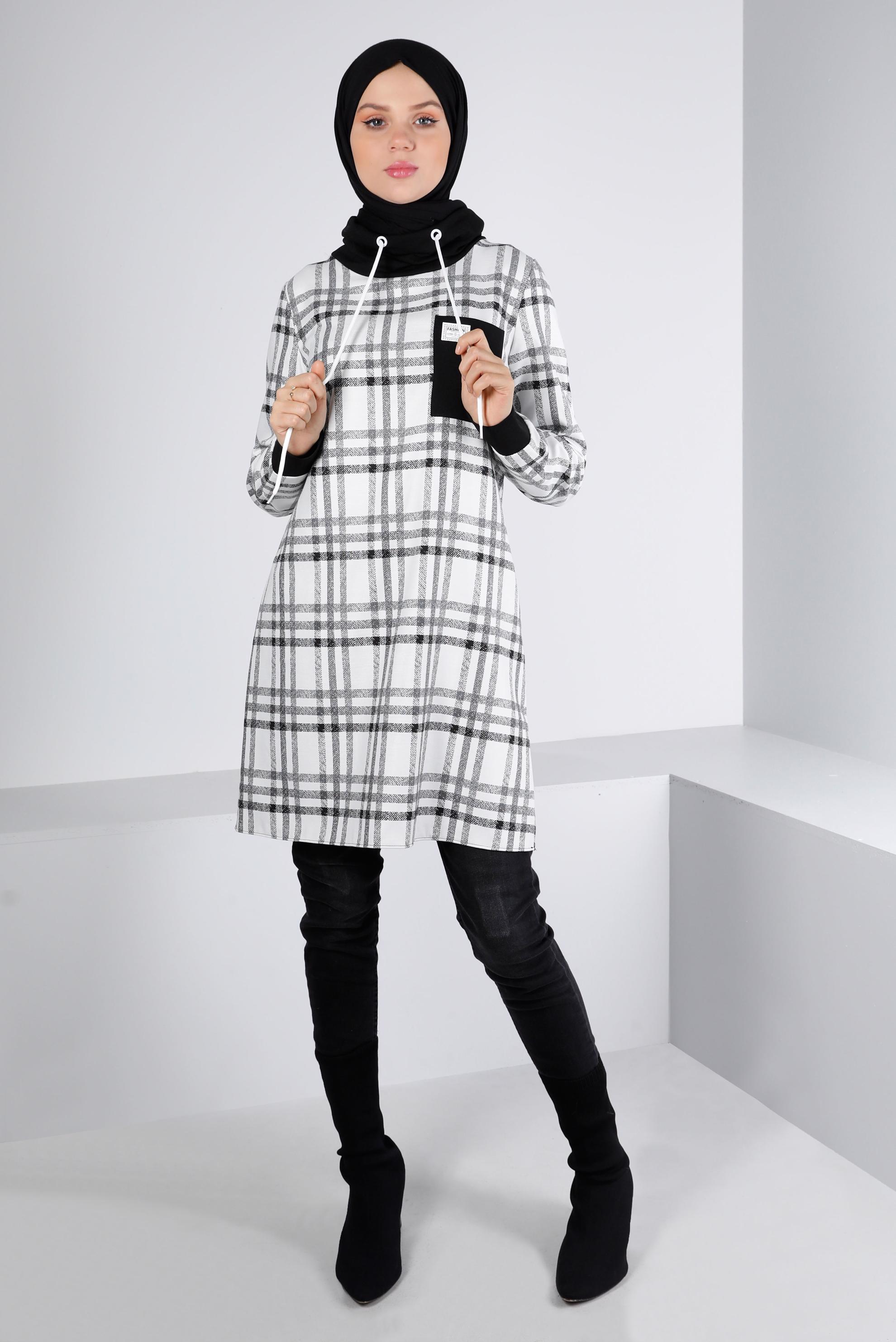 Tesettür giyim SİYAH BAĞCIK DETAYLI EKOSE DESEN TUNİK 43271 