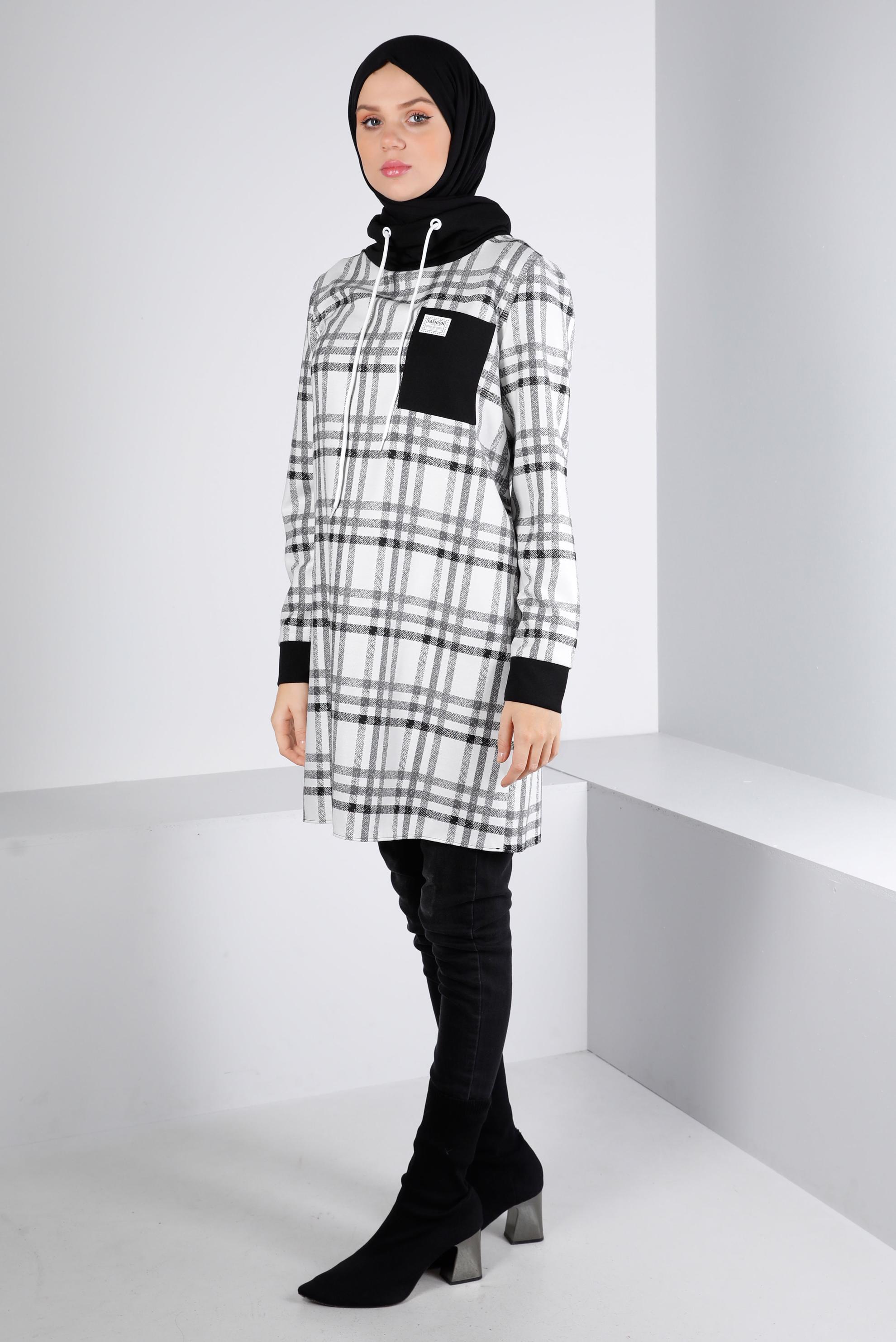 Tesettür giyim SİYAH BAĞCIK DETAYLI EKOSE DESEN TUNİK 43271 