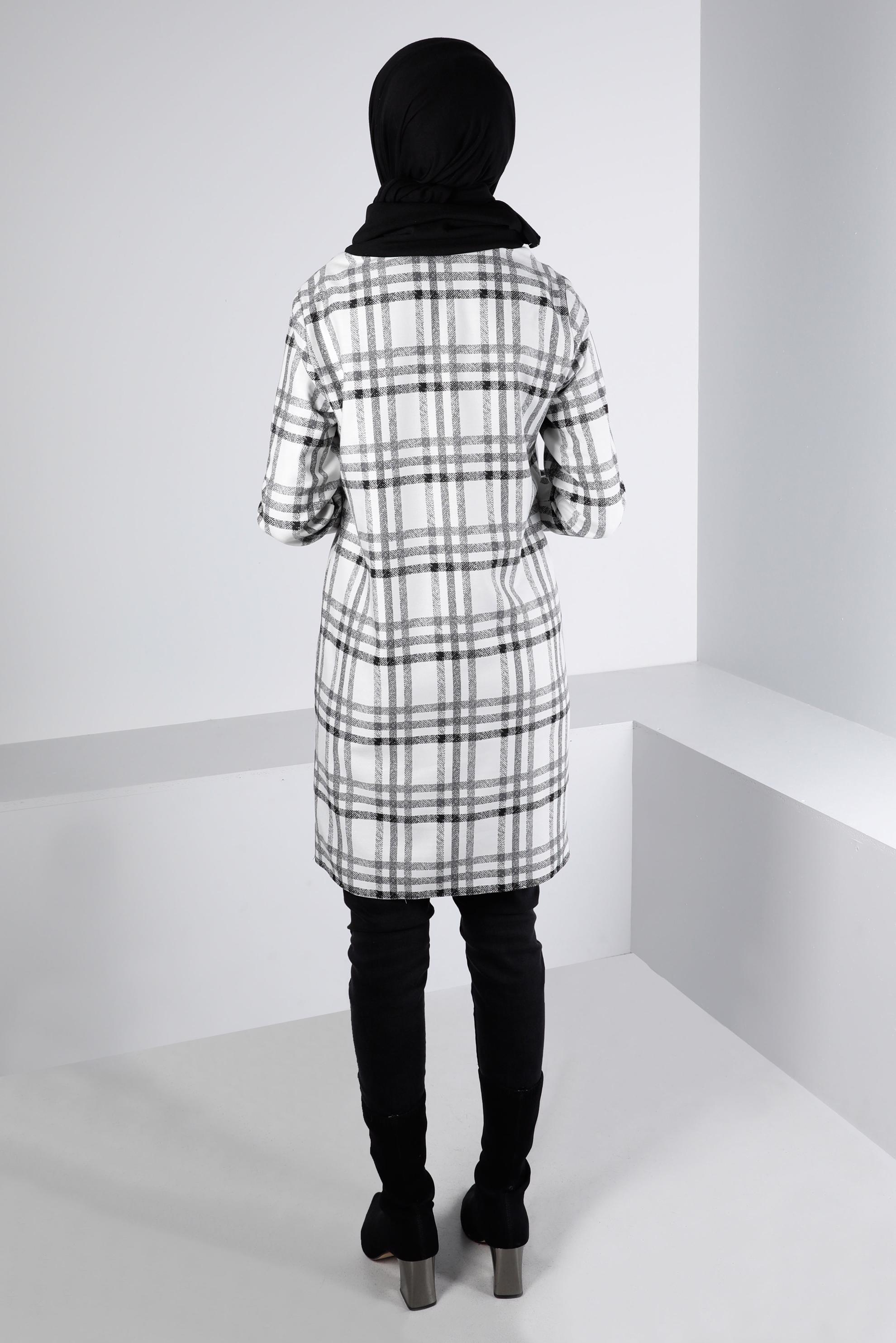 Tesettür giyim SİYAH BAĞCIK DETAYLI EKOSE DESEN TUNİK 43271 