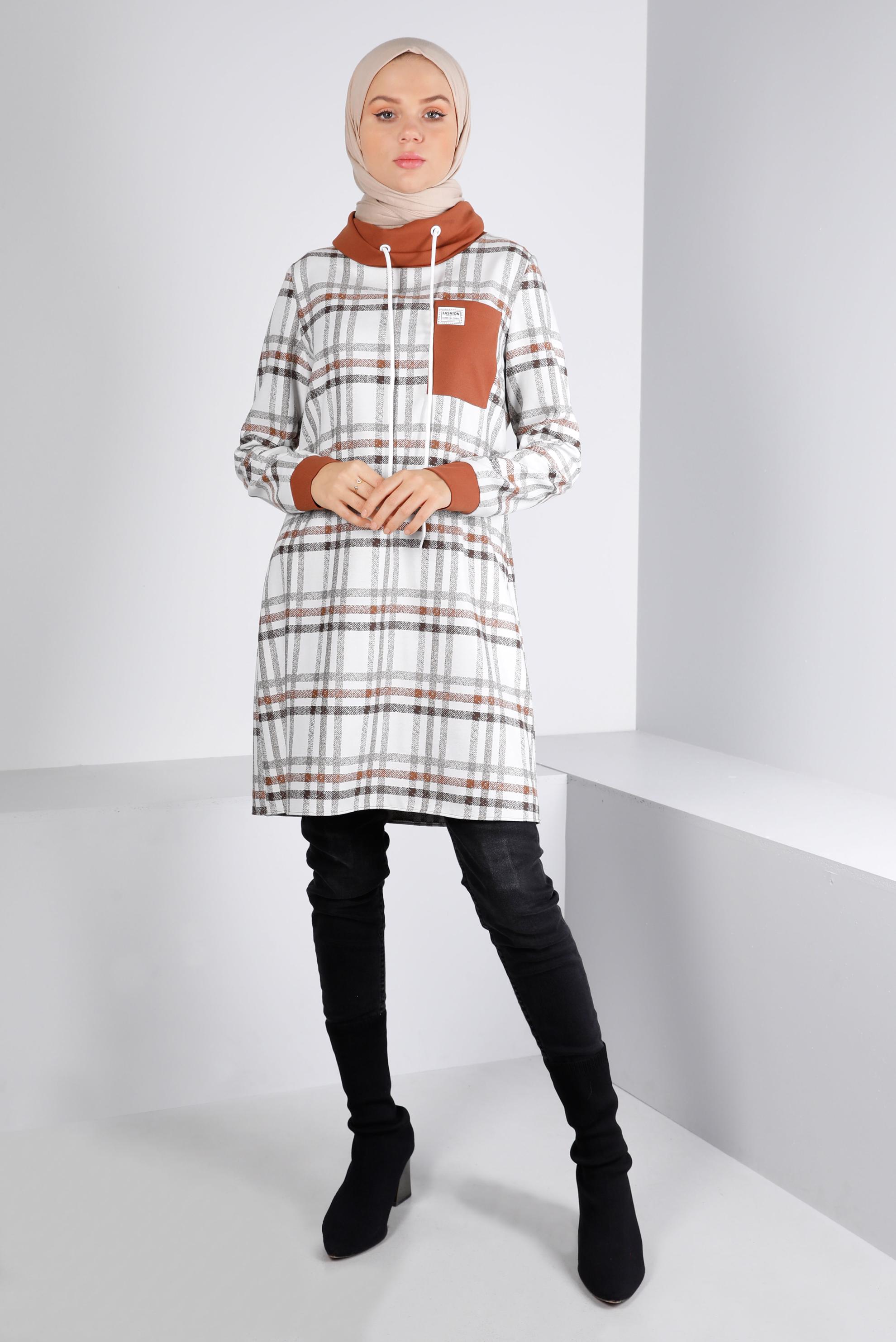 Tesettür giyim VİZON BAĞCIK DETAYLI EKOSE DESEN TUNİK 43271 