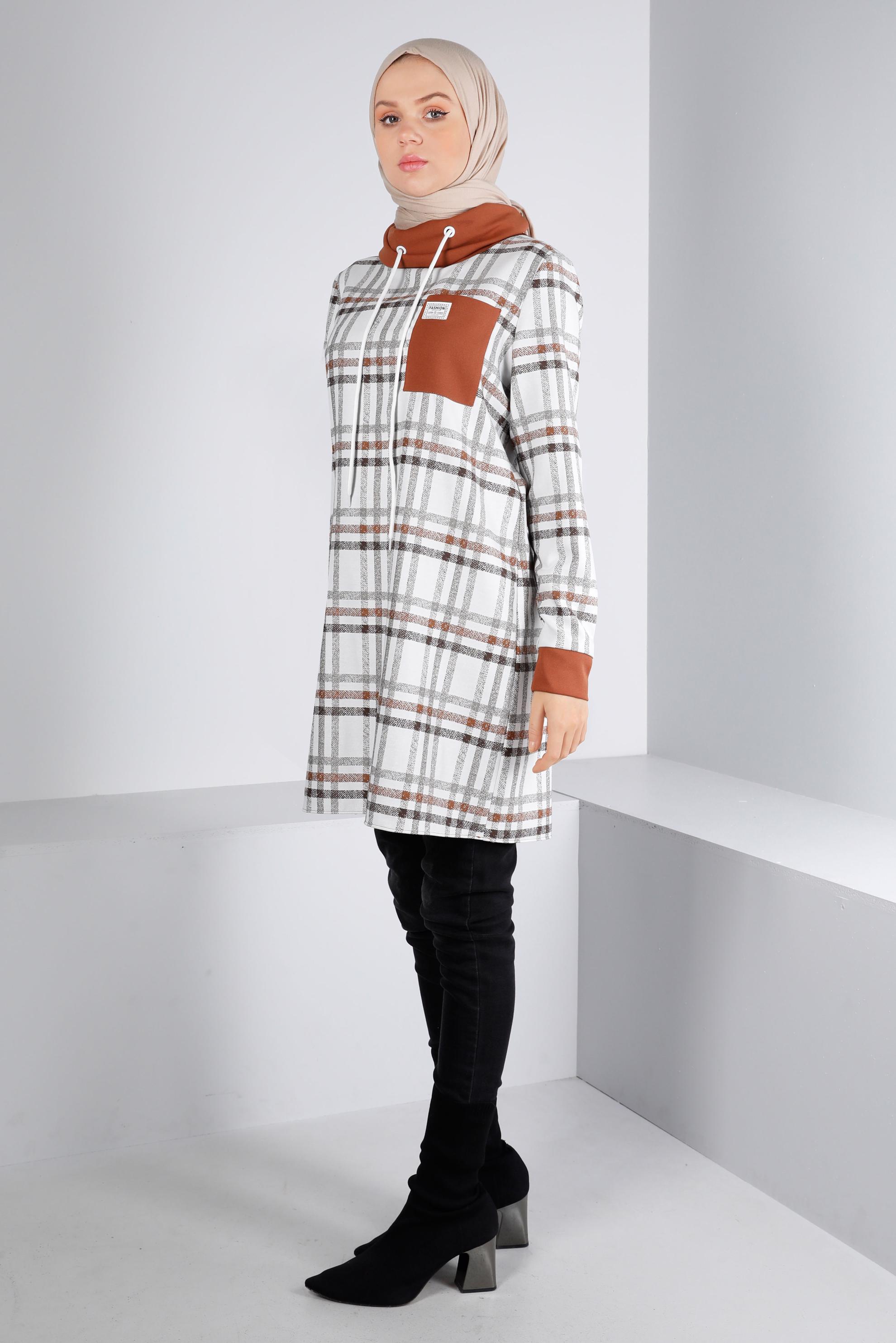 Tesettür giyim VİZON BAĞCIK DETAYLI EKOSE DESEN TUNİK 43271 