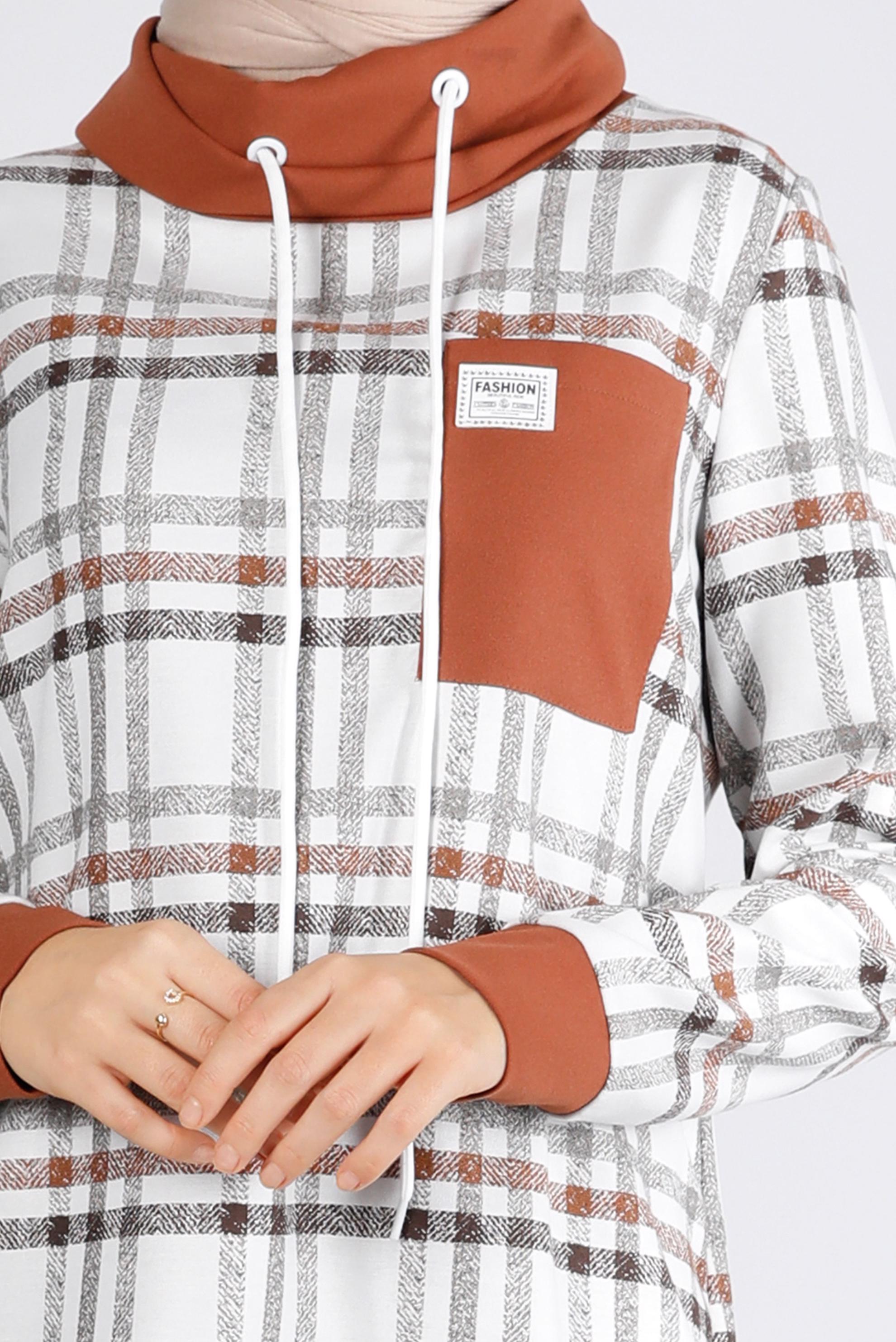 Tesettür giyim VİZON BAĞCIK DETAYLI EKOSE DESEN TUNİK 43271 