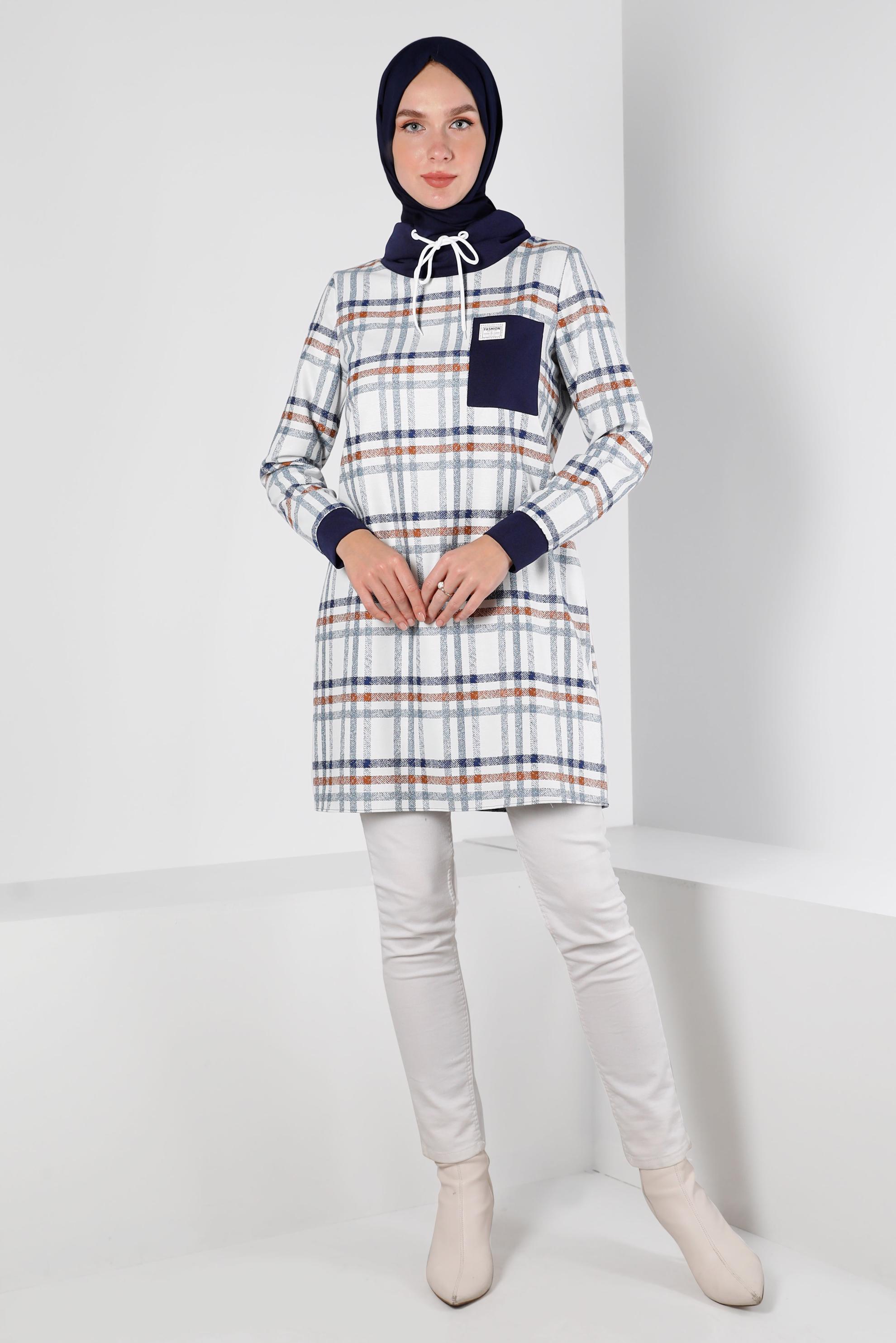 Tesettür giyim LACİVERT BAĞCIK DETAYLI EKOSE DESEN TUNİK 43271 