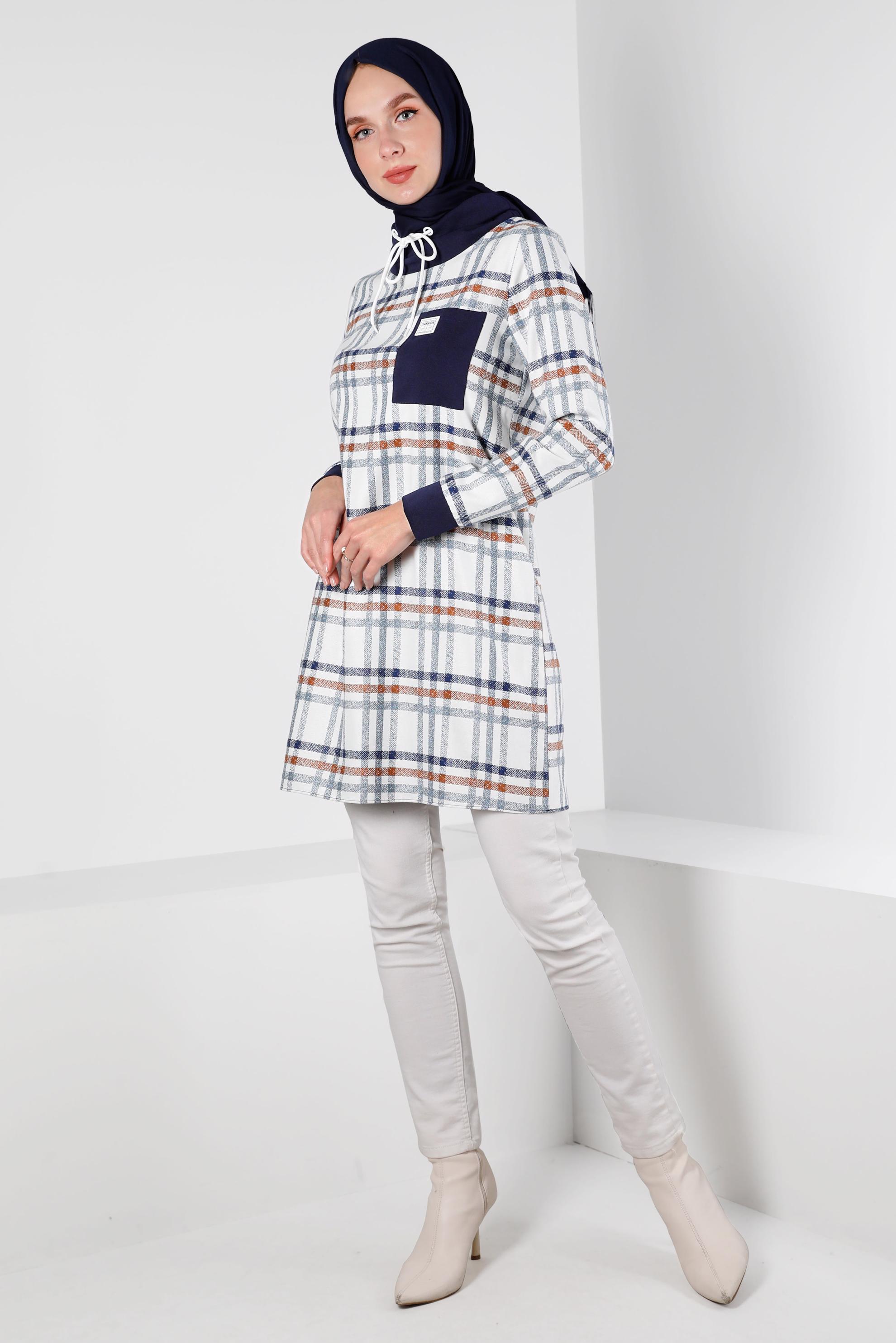 Tesettür giyim LACİVERT BAĞCIK DETAYLI EKOSE DESEN TUNİK 43271 