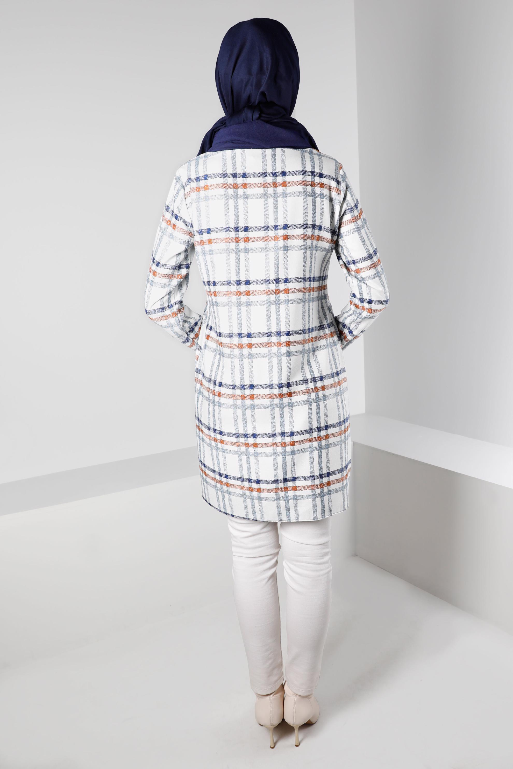 Tesettür giyim LACİVERT BAĞCIK DETAYLI EKOSE DESEN TUNİK 43271 