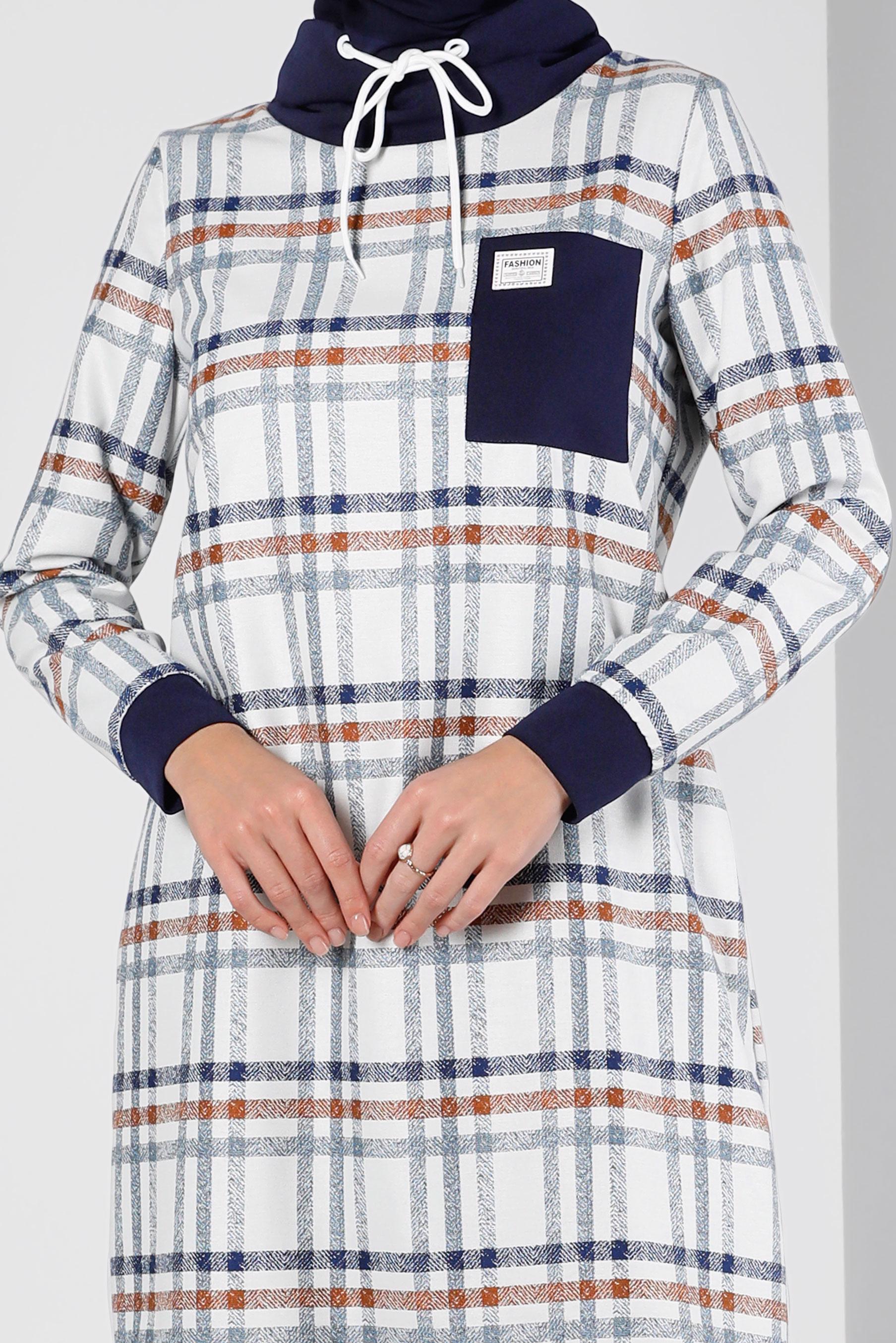 Tesettür giyim LACİVERT BAĞCIK DETAYLI EKOSE DESEN TUNİK 43271 