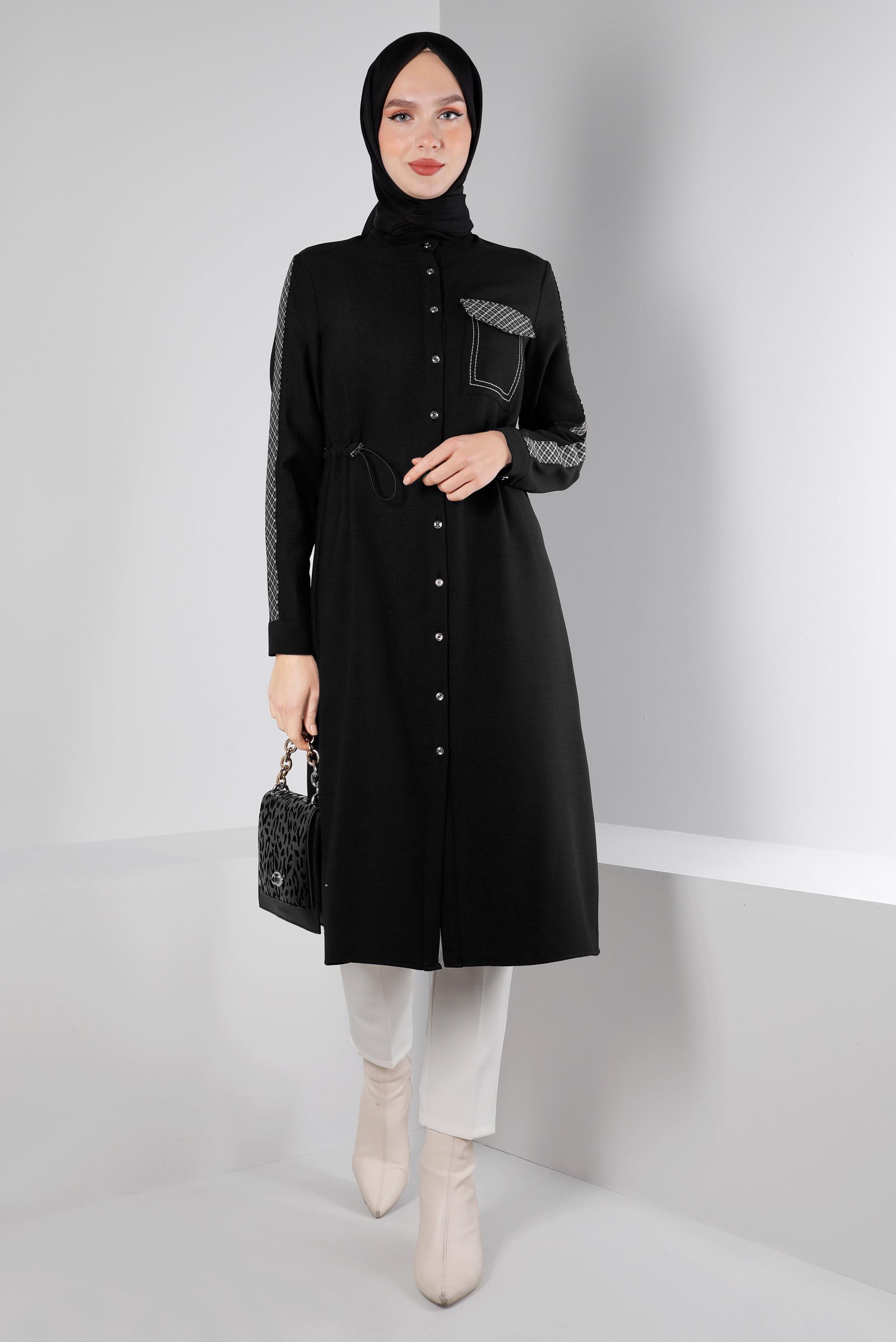 Tesettür giyim SİYAH BELİ BÜZGÜLÜ EKOSE DETAYLI TUNİK 43273