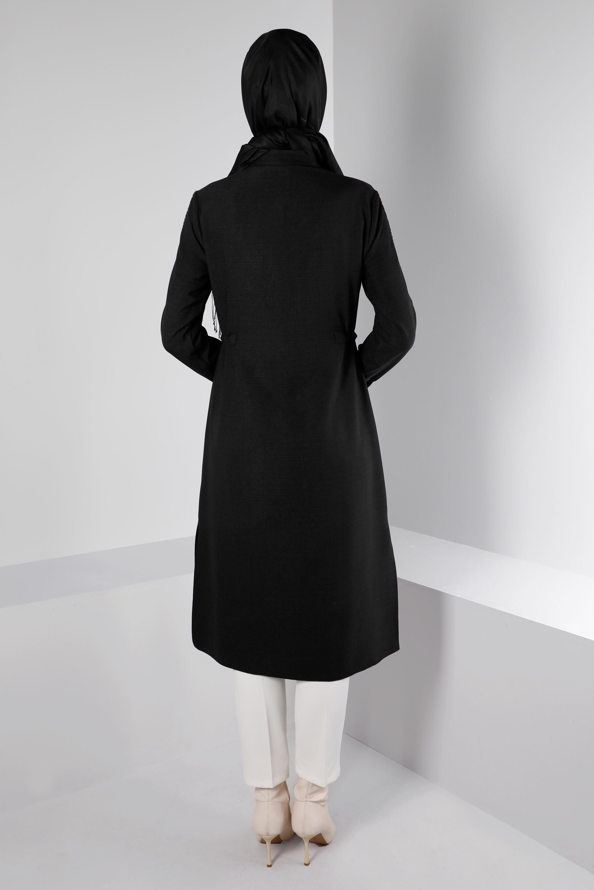 Tesettür giyim SİYAH BELİ BÜZGÜLÜ EKOSE DETAYLI TUNİK 43273