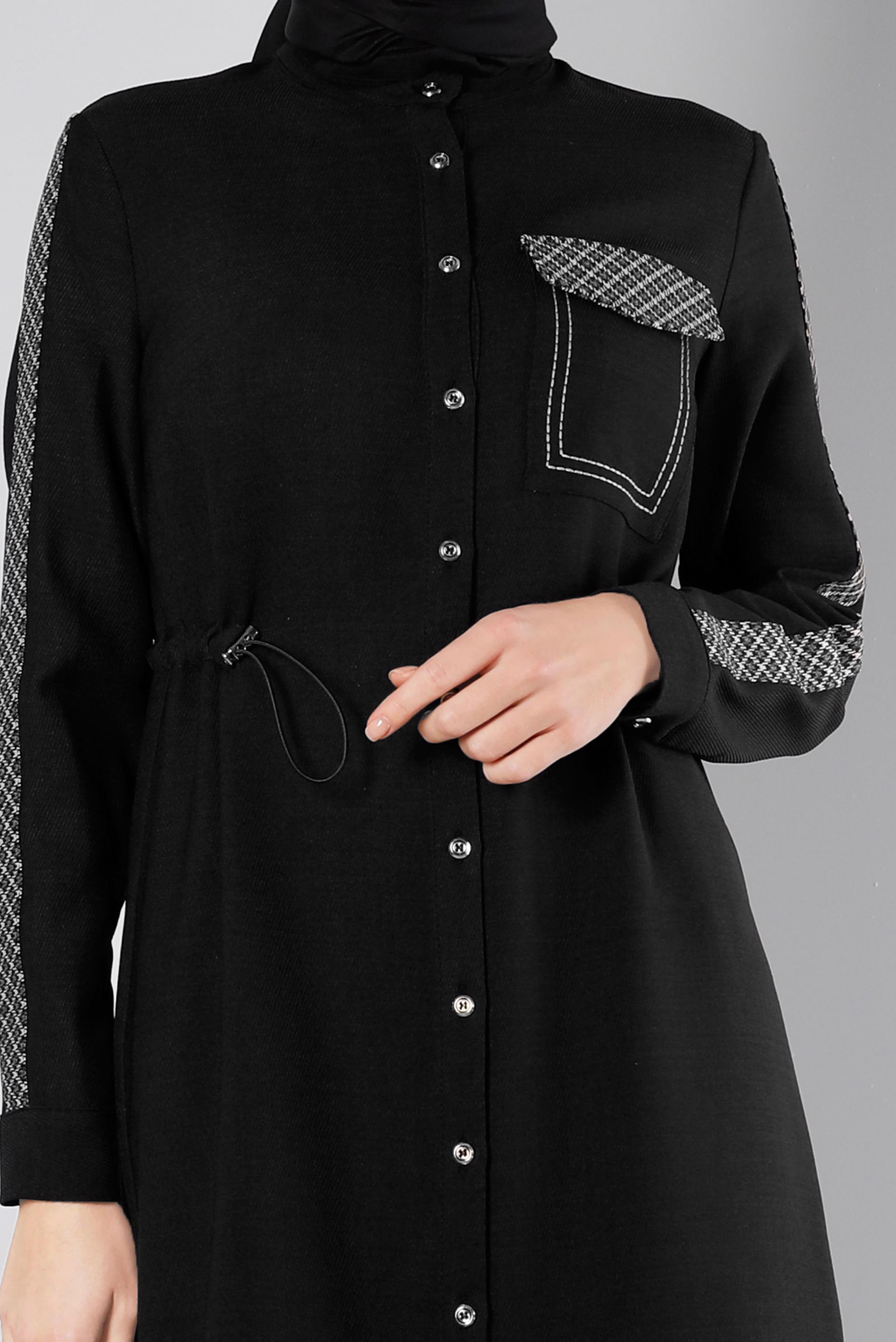 Tesettür giyim SİYAH BELİ BÜZGÜLÜ EKOSE DETAYLI TUNİK 43273