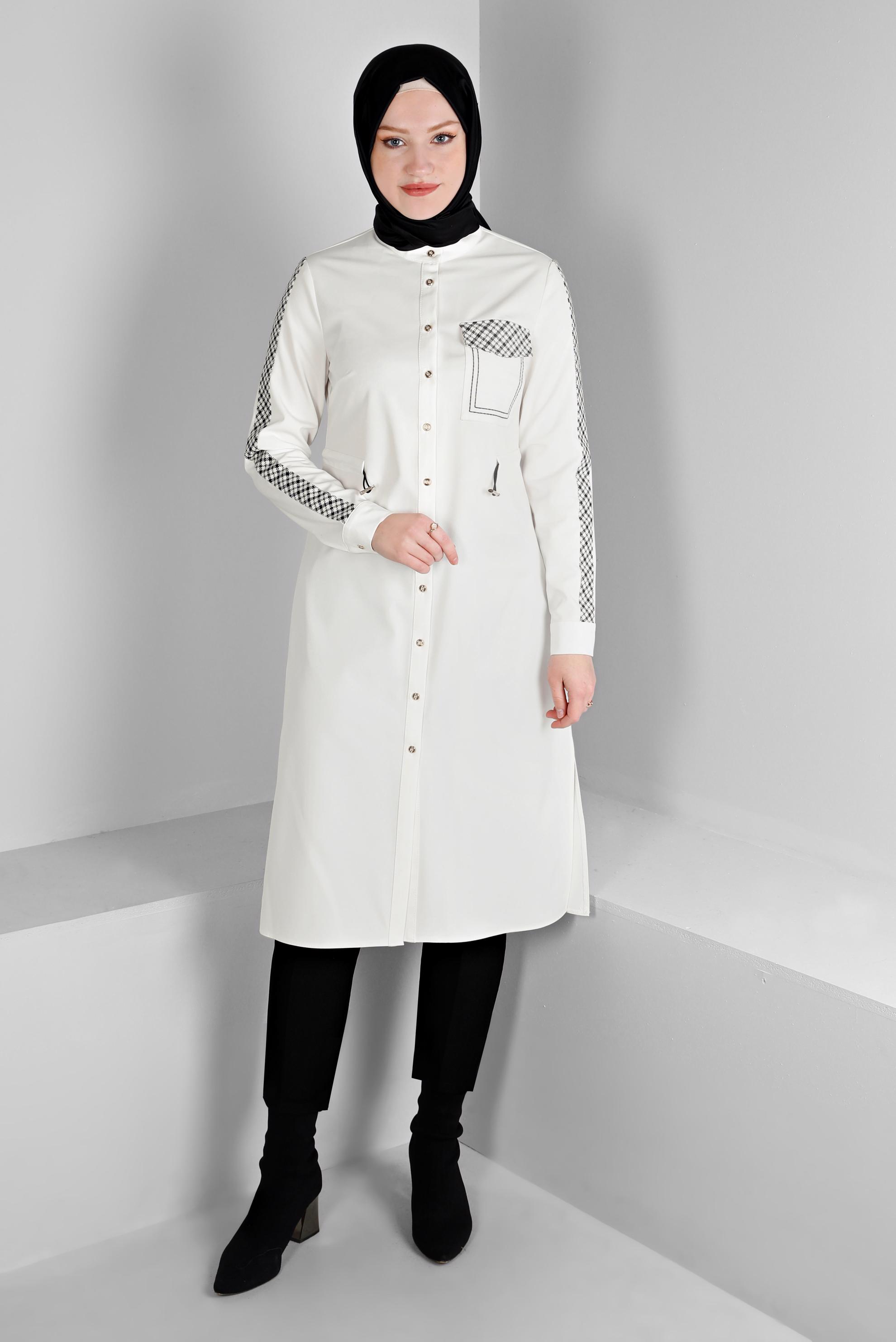 Vêtements hijab BLANC TUNIQUE DÉTAIL MOTIF À CARREAUX AVEC TAILLE FUMÉE 43273