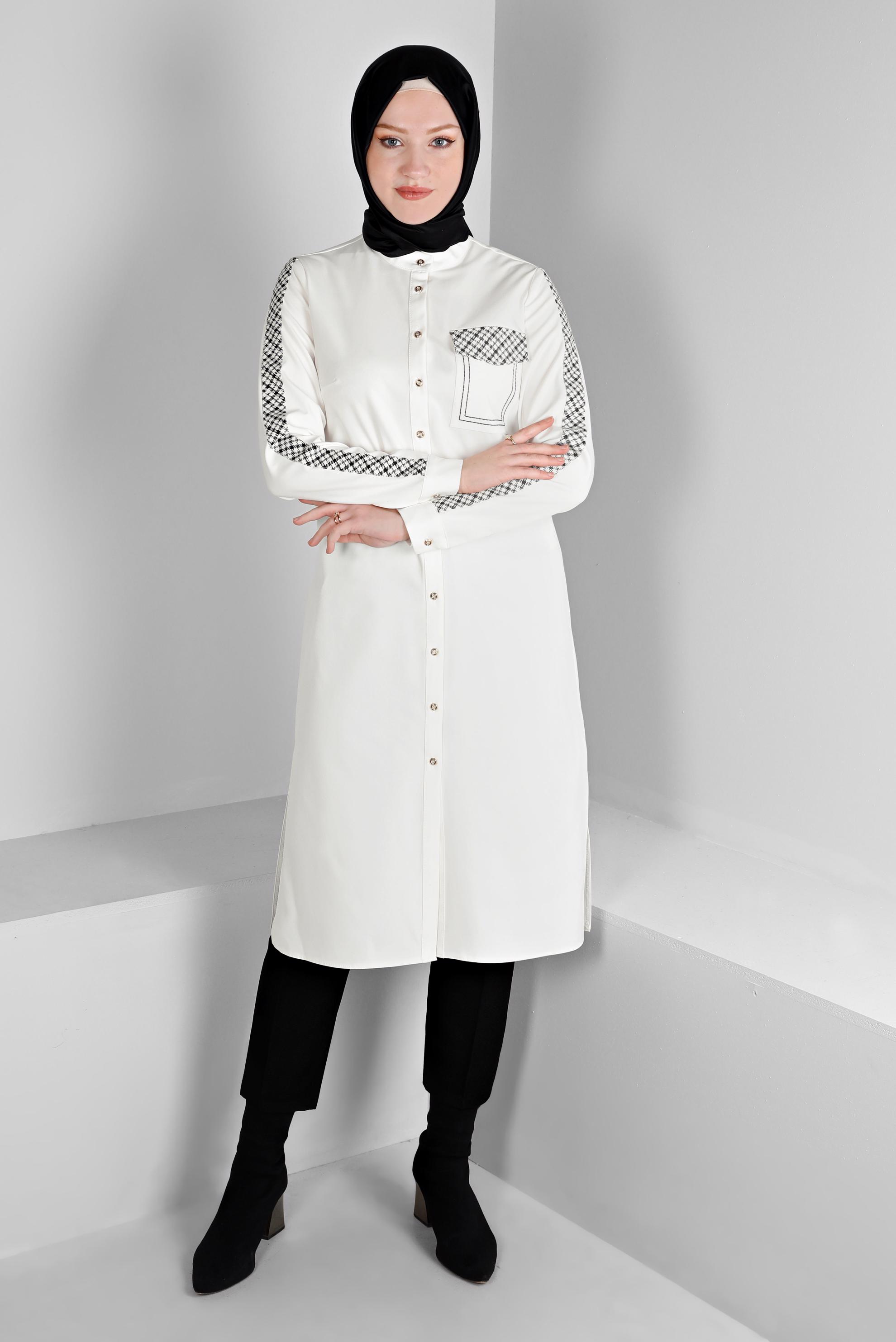Vêtements hijab BLANC TUNIQUE DÉTAIL MOTIF À CARREAUX AVEC TAILLE FUMÉE 43273