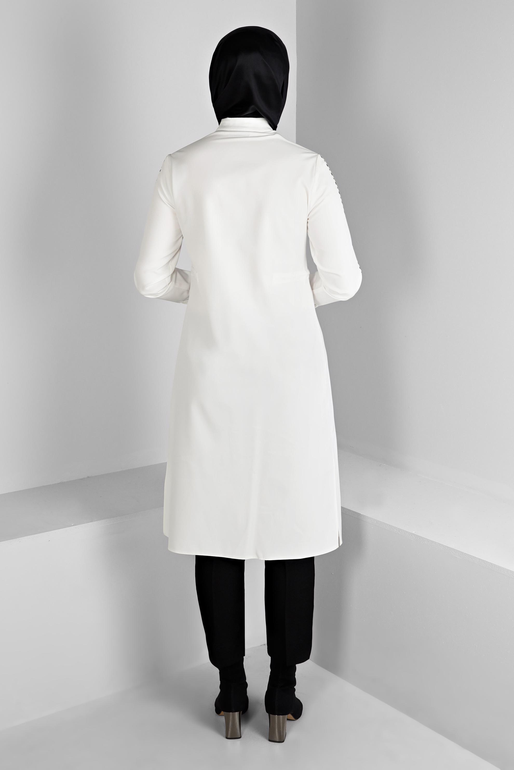 Vêtements hijab BLANC TUNIQUE DÉTAIL MOTIF À CARREAUX AVEC TAILLE FUMÉE 43273