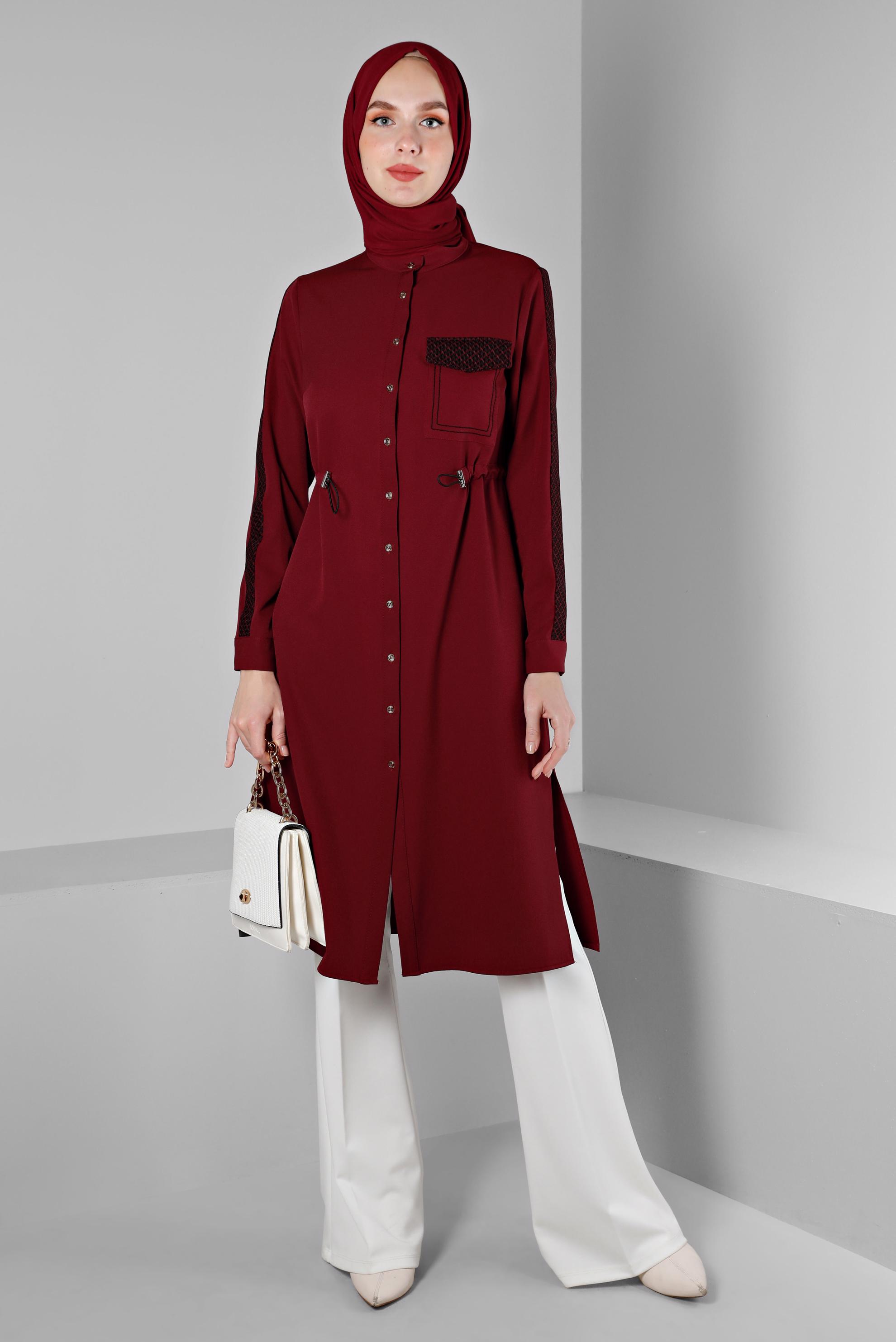 Tesettür giyim KIRMIZI BELİ BÜZGÜLÜ EKOSE DETAYLI TUNİK 43273