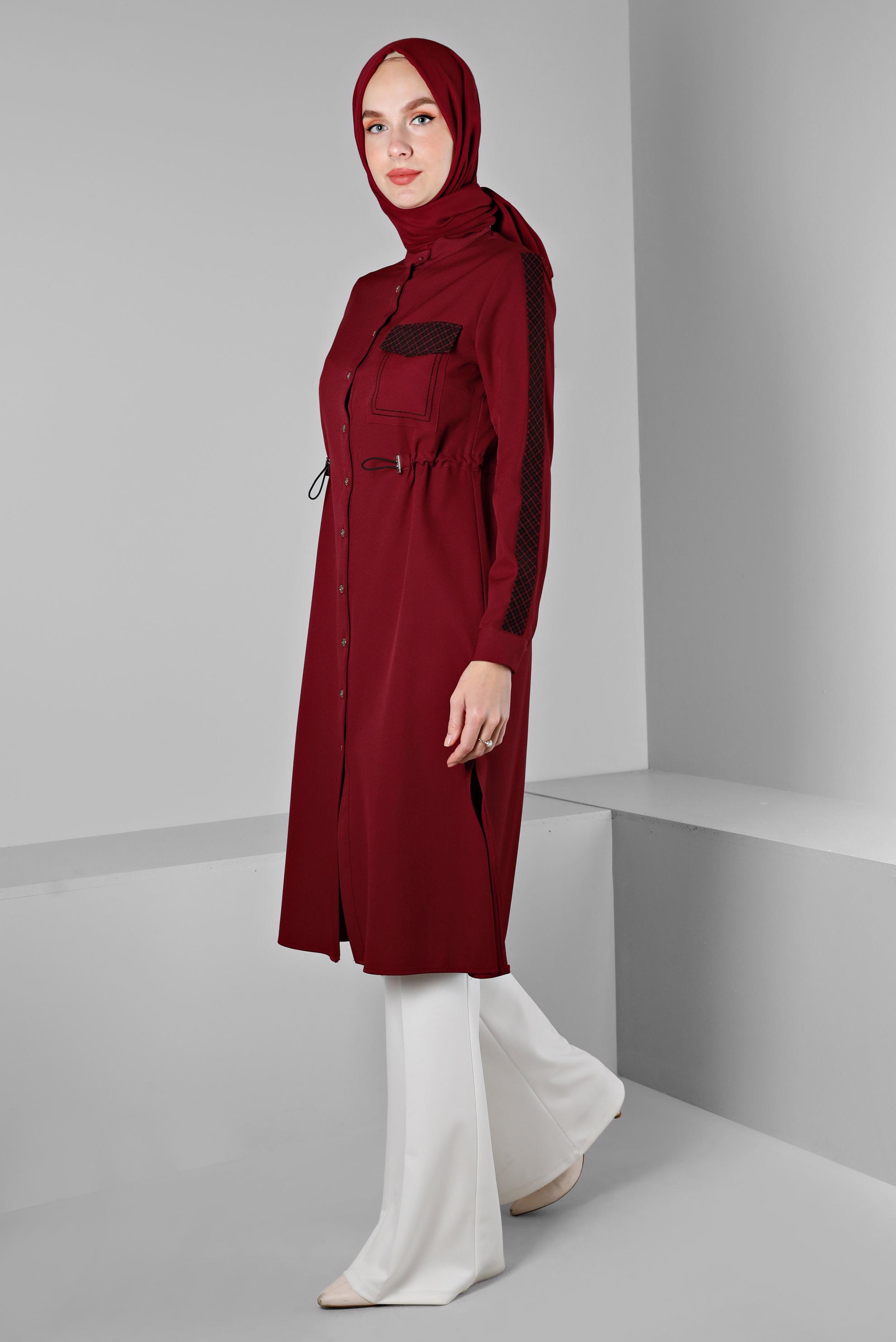 Tesettür giyim KIRMIZI BELİ BÜZGÜLÜ EKOSE DETAYLI TUNİK 43273