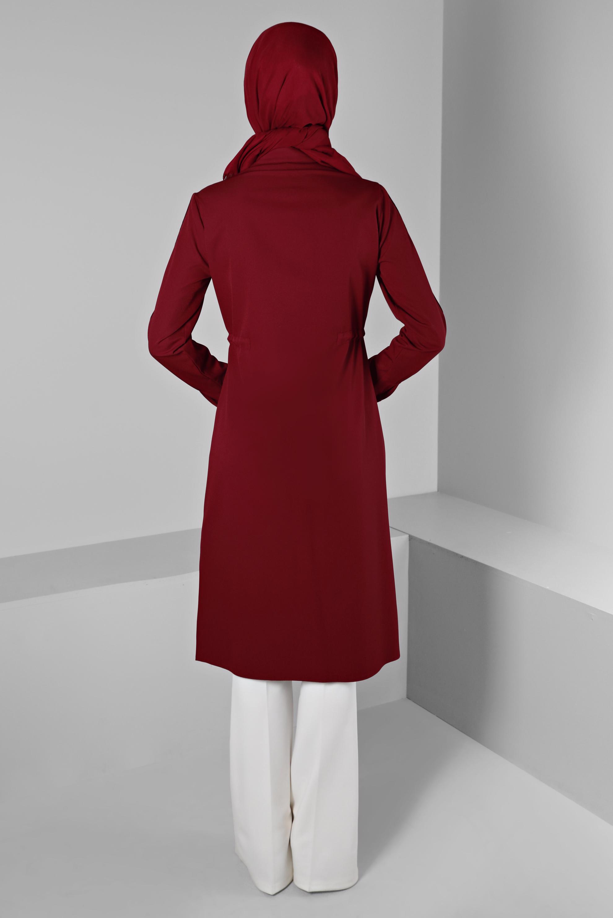 Tesettür giyim KIRMIZI BELİ BÜZGÜLÜ EKOSE DETAYLI TUNİK 43273