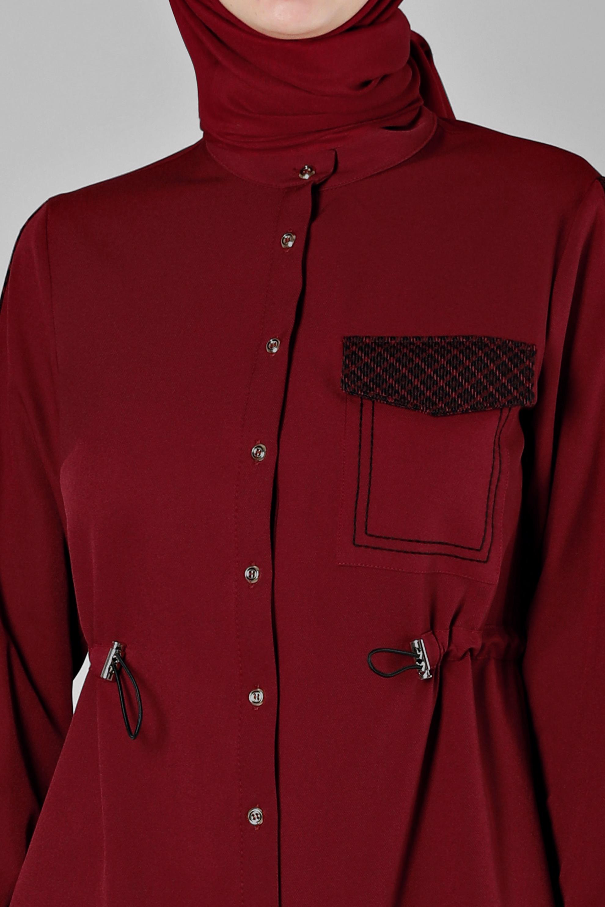 Tesettür giyim KIRMIZI BELİ BÜZGÜLÜ EKOSE DETAYLI TUNİK 43273